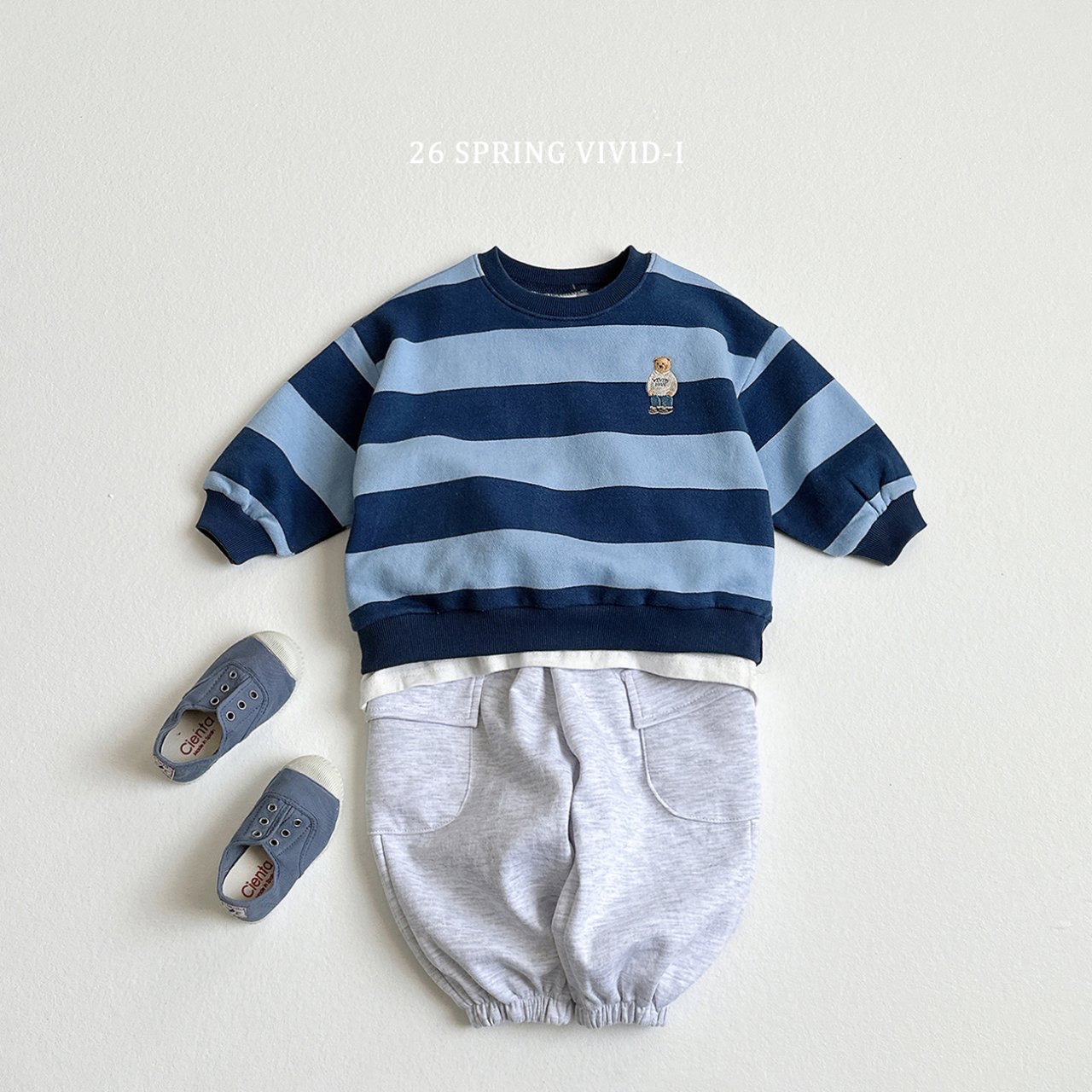 🌸預訂 韓國直送🌸🇰🇷VIVIDI四色標誌性小熊刺繡拼色條紋毛圈寬鬆衛衣