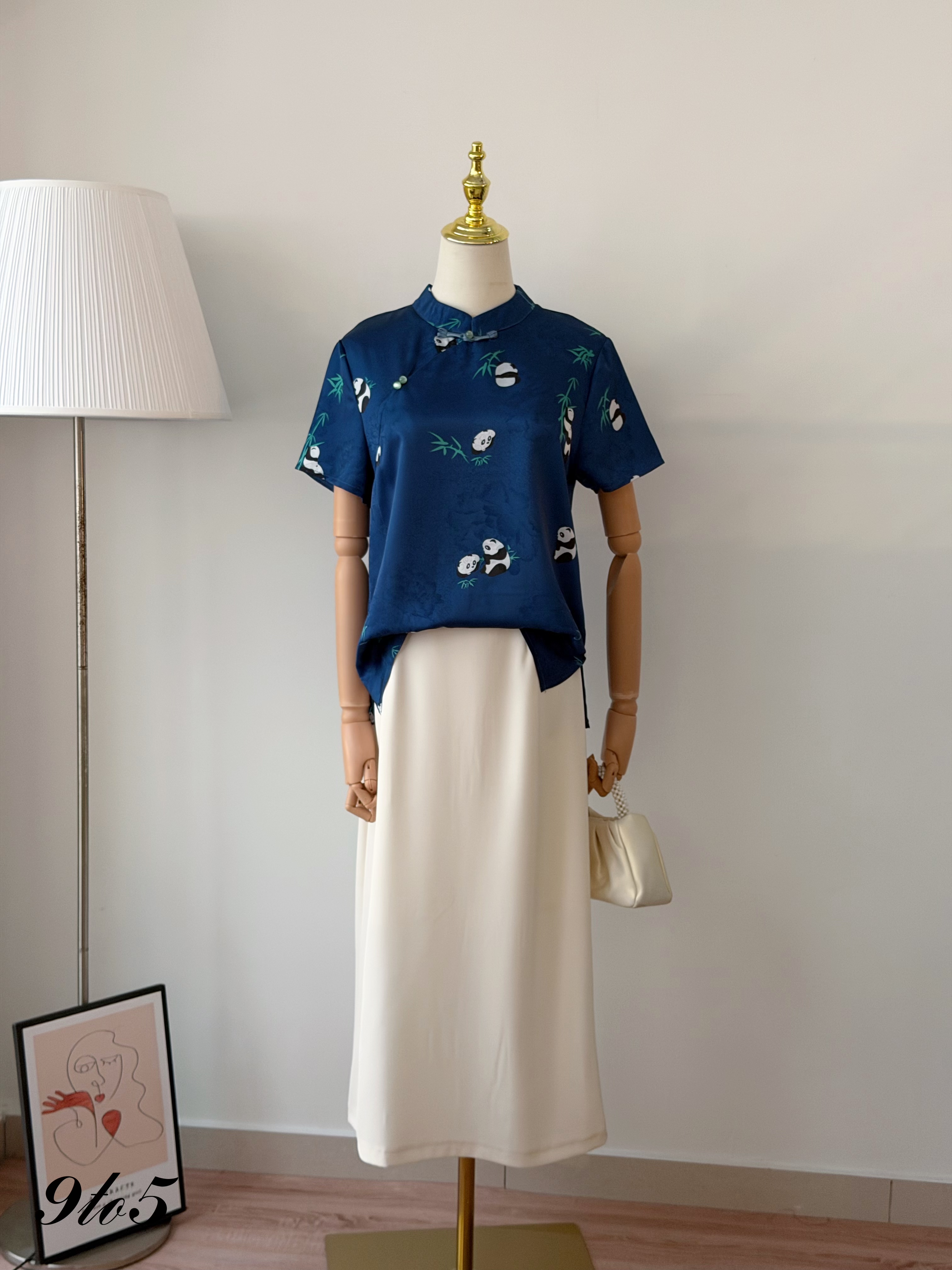 T4488 Short Sleeve Panda Cheongsam Top - Blue