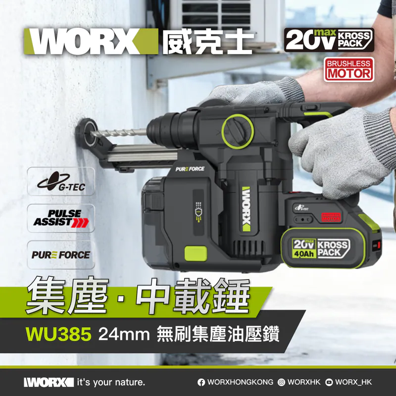 WORX WU385 24mm 無刷鋰電集塵油壓鑽 可配置集塵盒 (5.0Ah電x2+6A充電器)