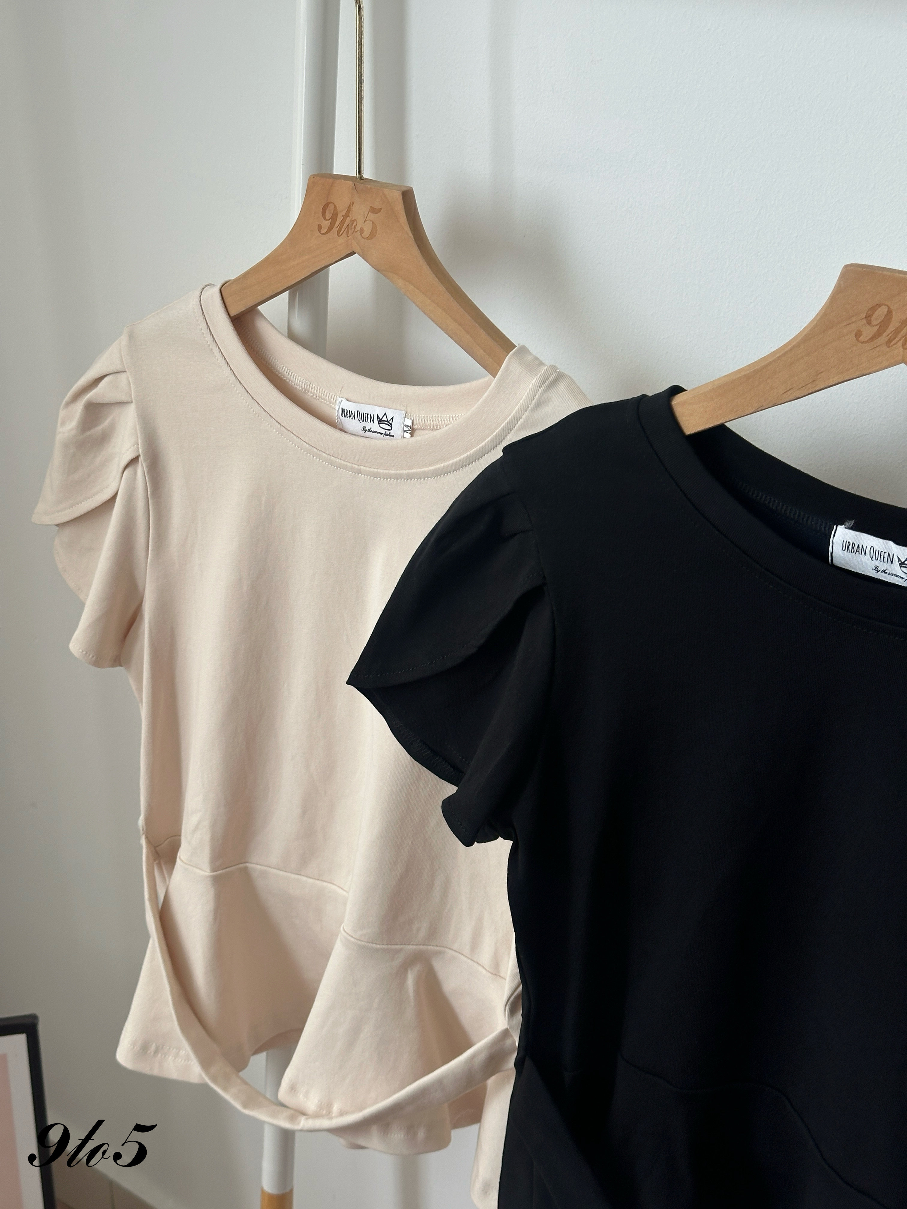 T4433 Puff Sleeve Peplum Top - Beige & Black