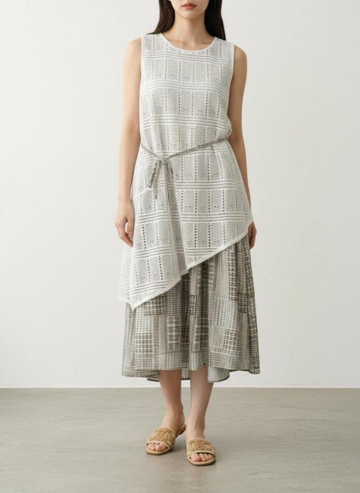 米白色蕾絲鏤空荷葉邊不對稱連衣裙