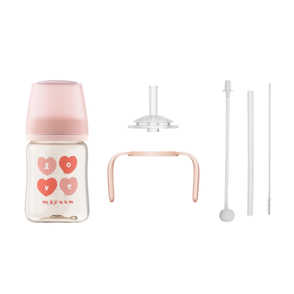 Moyuum - PPSU 寬口防漲氣奶瓶170ml（蜜桃心心）+寬口奶瓶防漏學習吸管套裝(米色)_MY205_SET