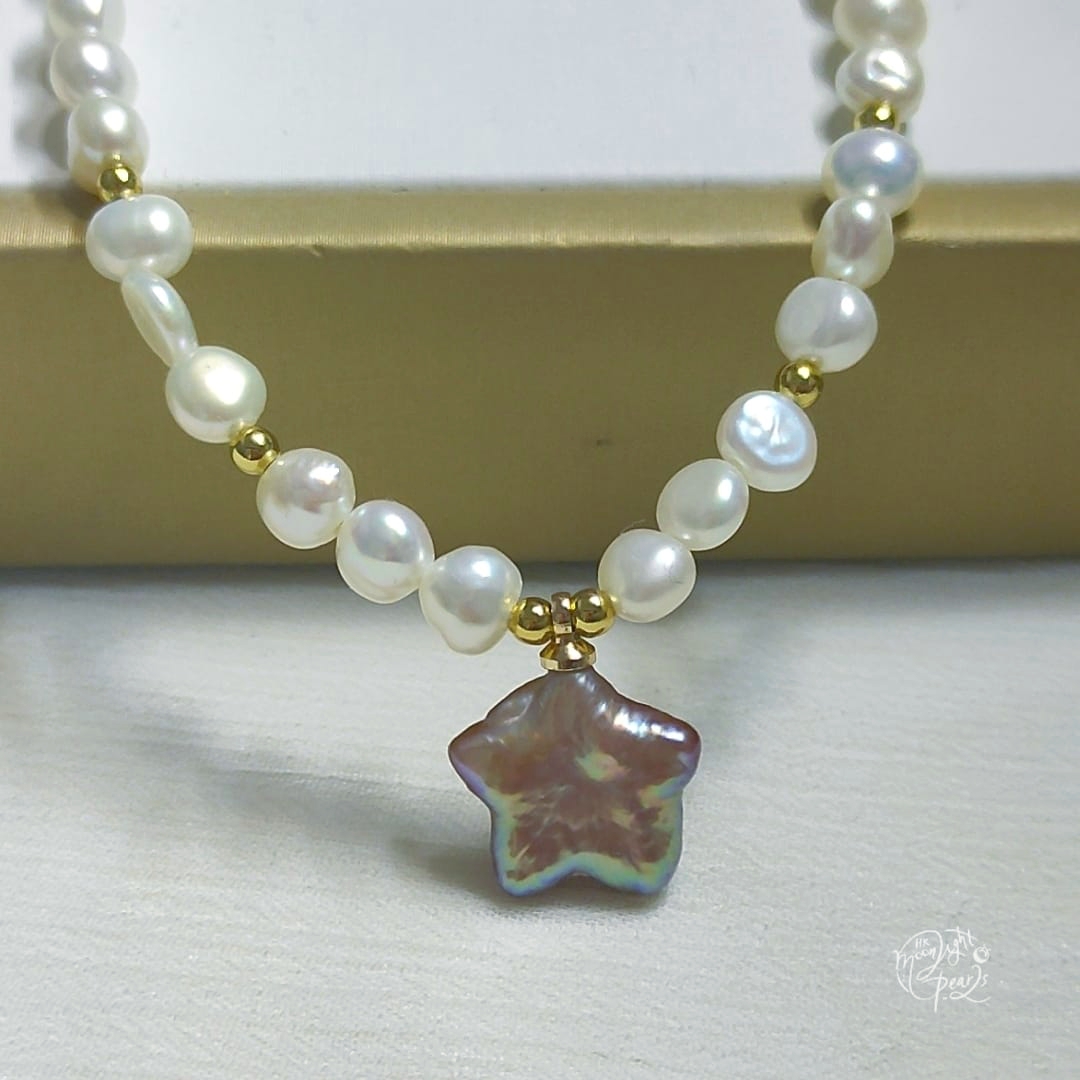 淡水巴洛克冷白光小石頭巴洛克珍珠+紫色炫彩星星珍珠注白金尾鍊扣choker鍊