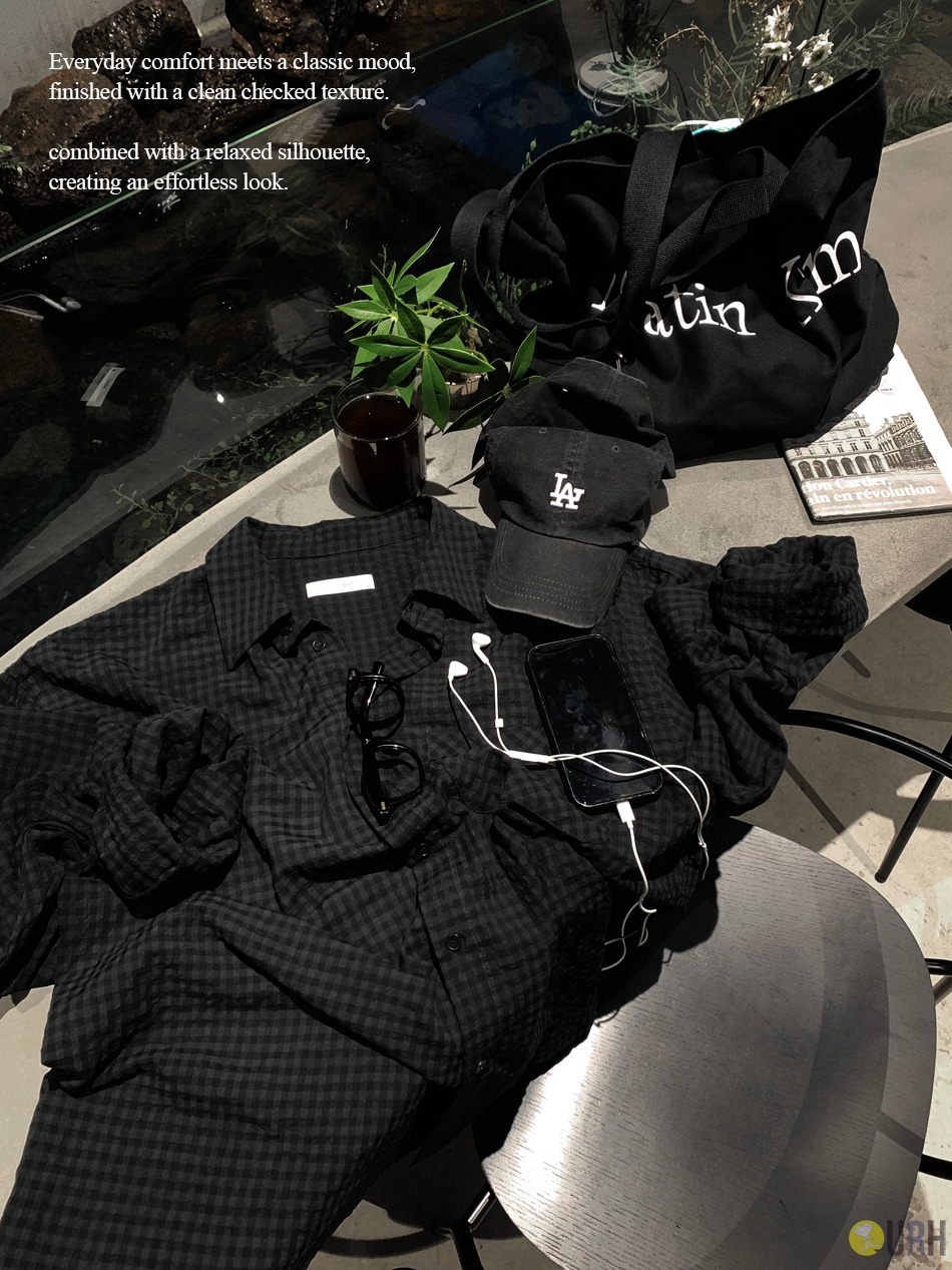【100%保證韓國直送】Emboss Check立體暗格紋Seersucker寬鬆長袖恤衫 👔 [2 color] RL115125
