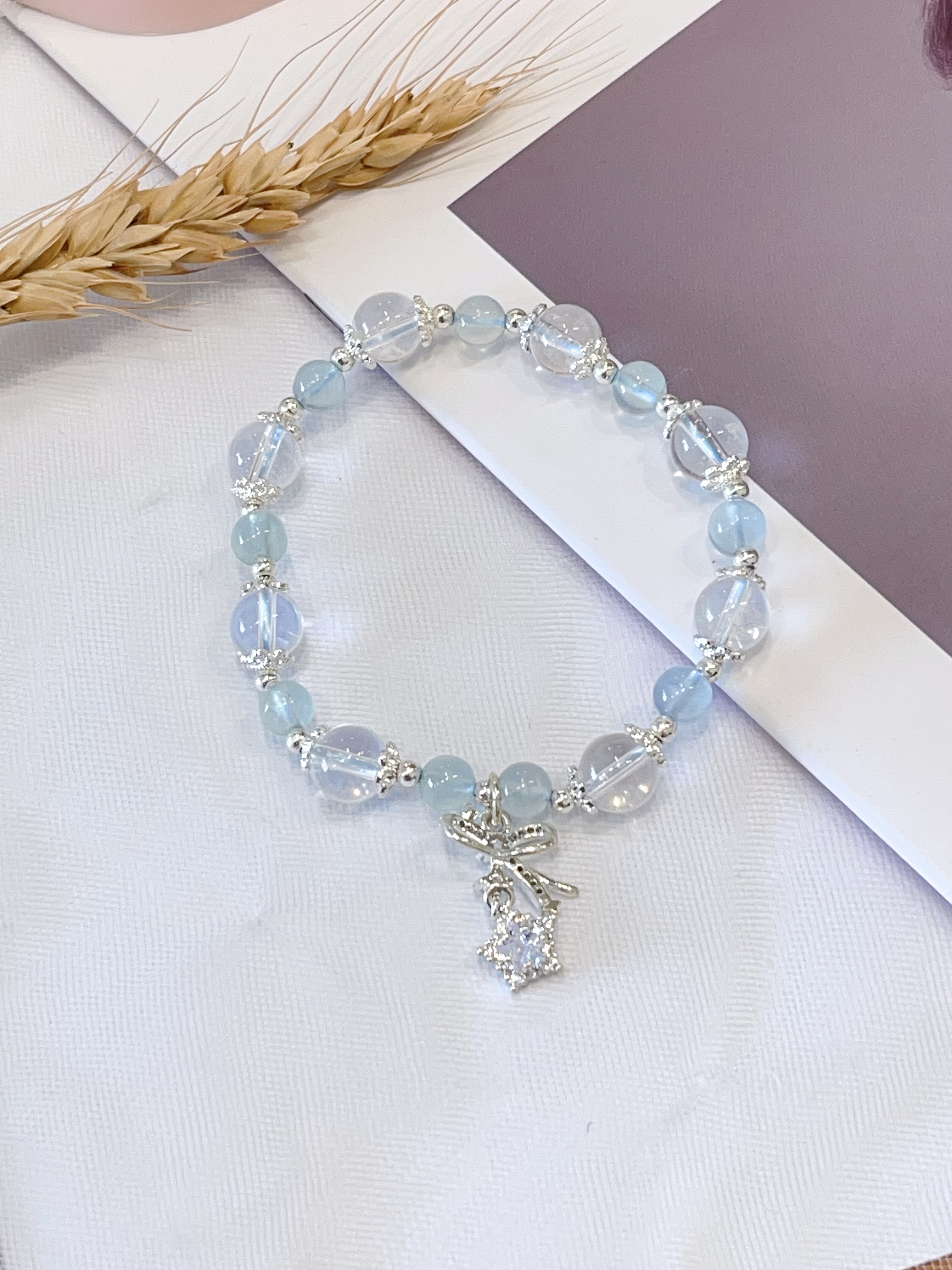 紫水晶 × 海蓝宝 × 白水晶  Amethyst & Aquamarine & Clear Quartz Star Charm Bracelet｜星空守护
