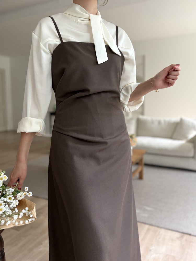 Gathered Adjustable Cami Dress (Brown)