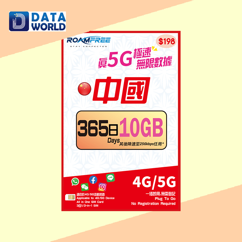 Roamfree X 3HK 4G/5G 中國內地365日10GB無限數據卡