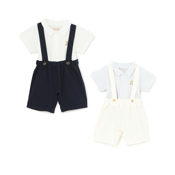 🇯🇵預訂 日本直送🇯🇵Petit Main兩色小熊刺繡翻領短袖包屁衣吊帶褲套裝