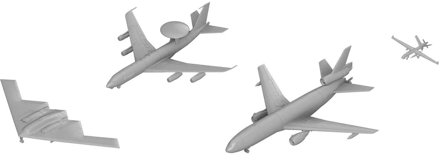 1/700 Modern U.S. Air Force Set 8 (Northrop Grumman B-2 Spirit, E-3G AWACS, McDonnell Douglas KC-10 Extender, MQ-9A Reaper)