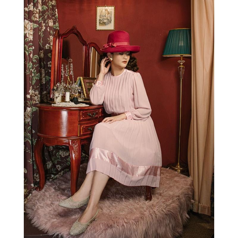 Vintage C.a. 1980s American Bobby's Girl Light Pink Chiffon Dress with Belt(MU108-13)