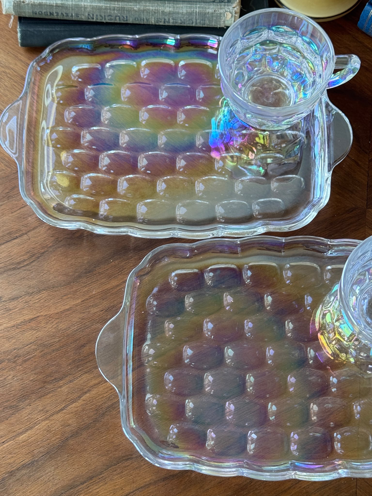 Vintage C.a. 1960s USA Federal Glass Yorktown “Thumbprint” Iridescent Snack Set -2 Sets  (MT2641)