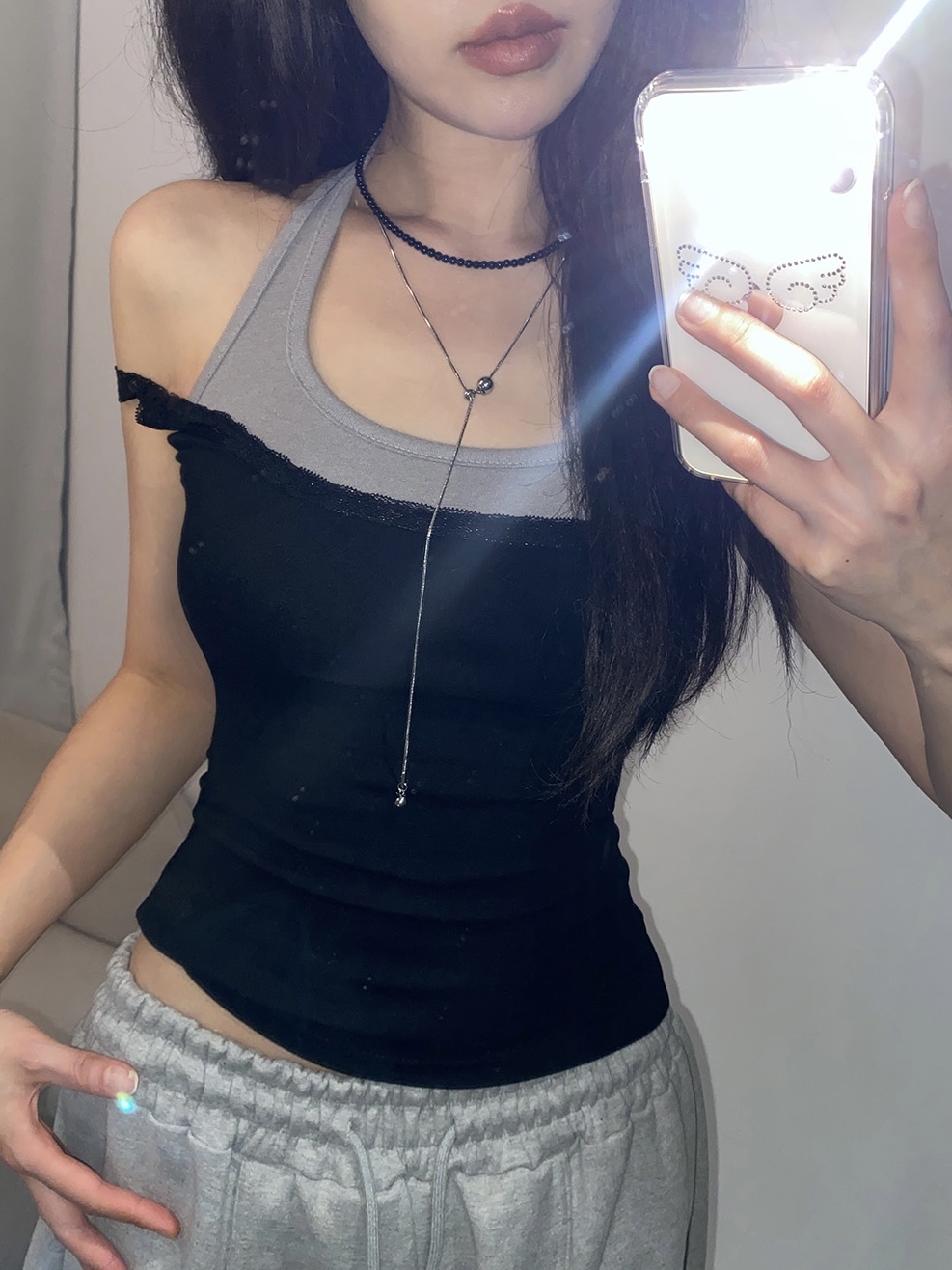 Lace-Trim Halter Layered Tank Top