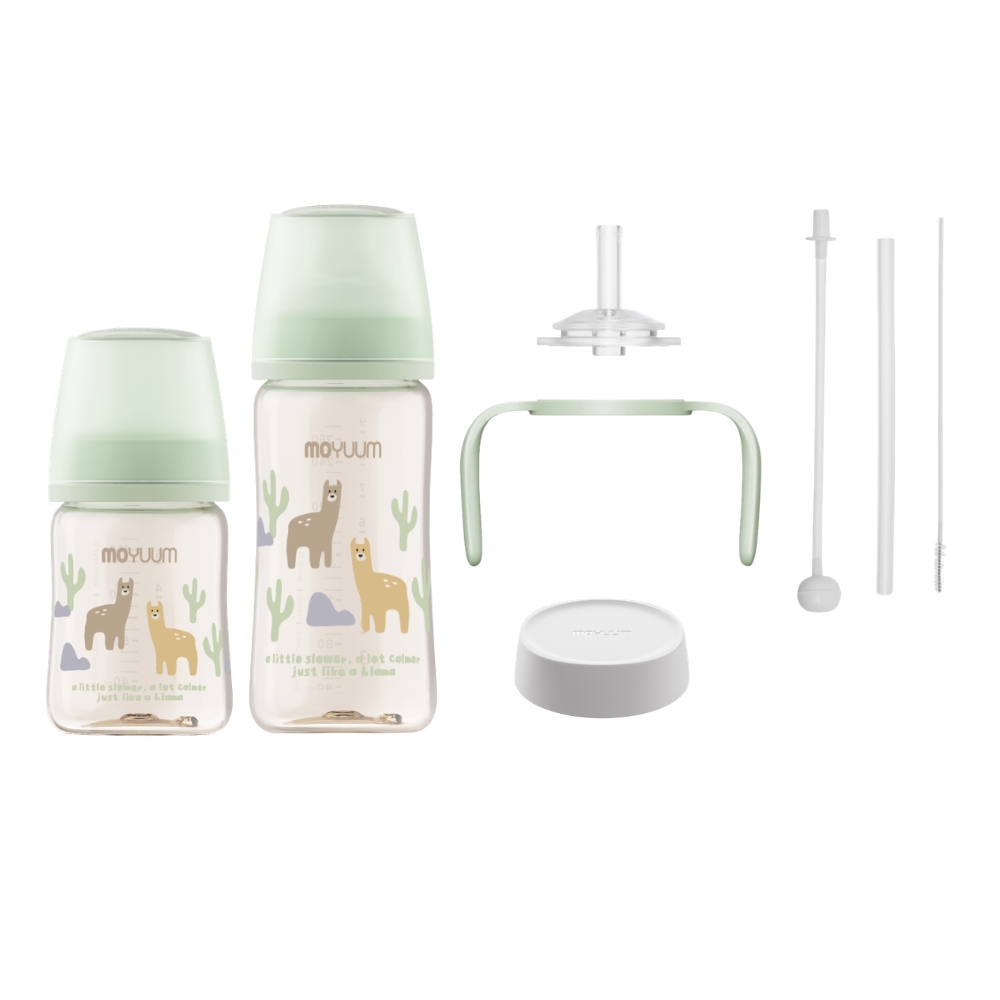 Moyuum - PPSU 寬口防漲氣奶瓶170+270ml(草泥馬)+寬口奶瓶防漏學習吸管套裝(綠色)送奶瓶蓋配件(白色)_MY286