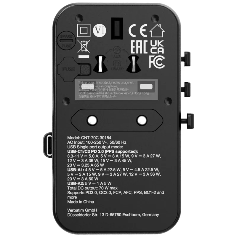 香港行貨 2年保養  Verbatim 威寶 Charge 'n' Travel 70W 通用旅行轉插 (附USB-C可伸縮充電線) 30184
