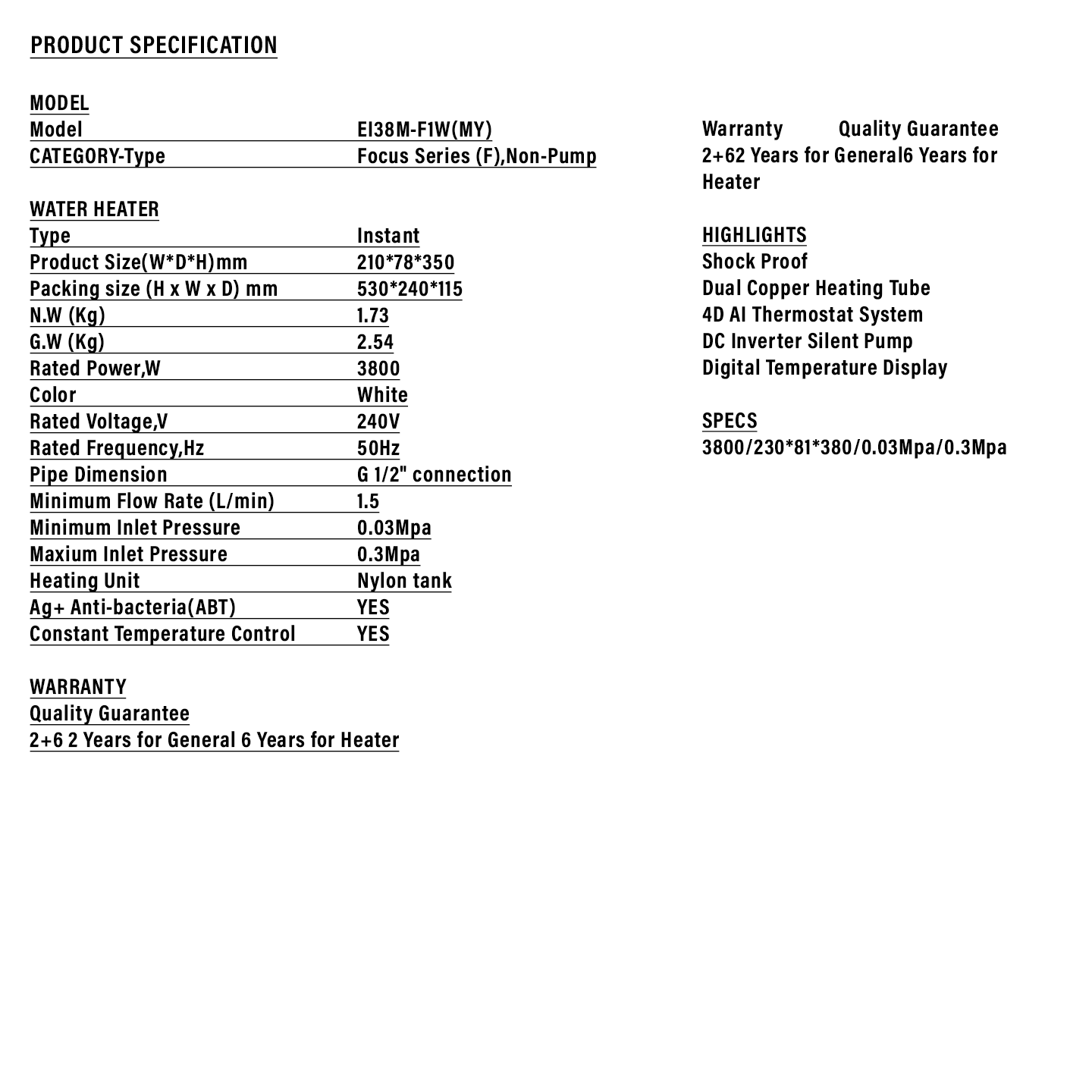 Haier 3.8kW Non-Pump Water Heater (EI38M-F1W)