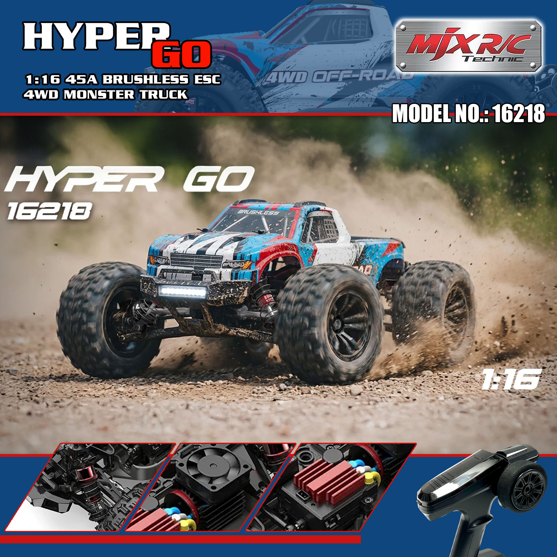 全新 美嘉欣 MJX R/C 1:16 16218 無刷大腳車 | 防翻尾輪 | 金屬齒輪 | 油壓避震 | 可用2s-3s電 | 最高速約60KM/H