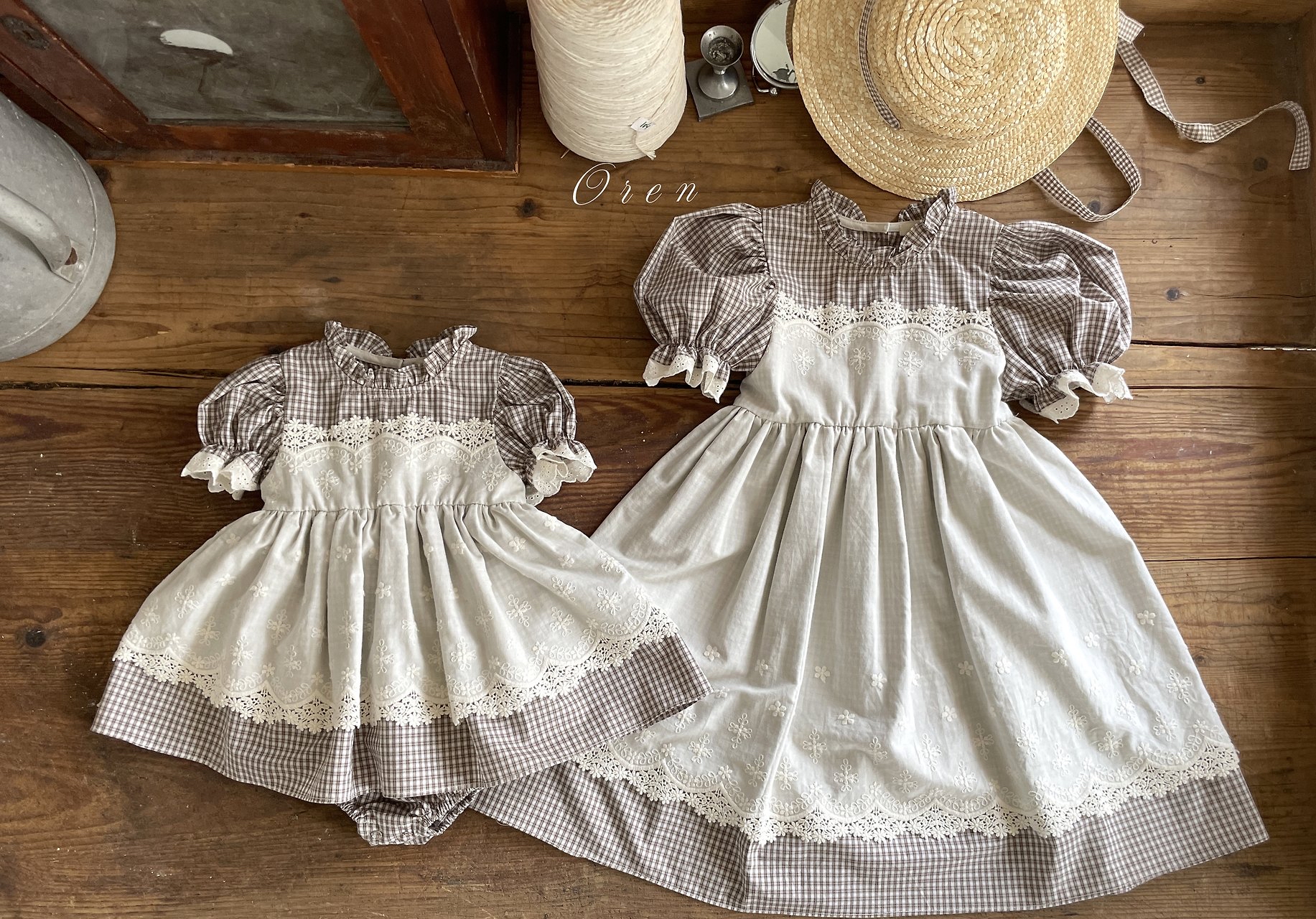 ☀️預訂 韓國直送☀️🇰🇷Oren Zegna蕾絲圍裙格紋短袖連身裙