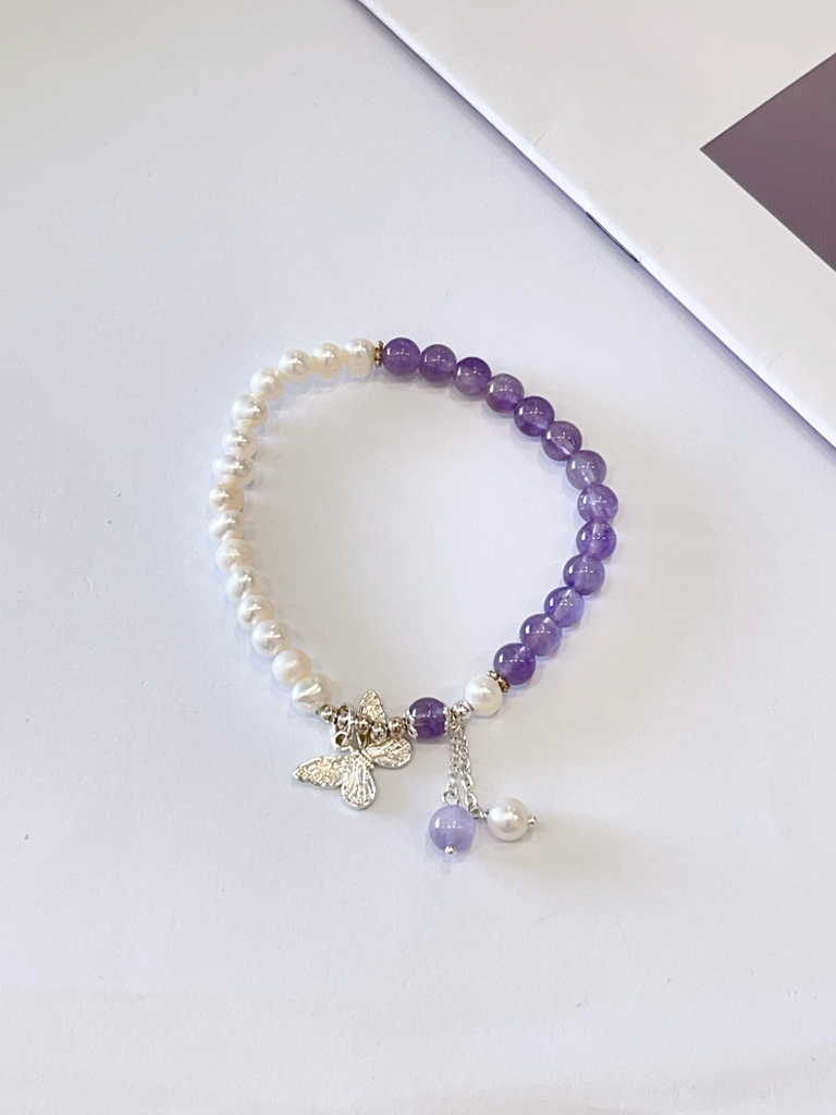 💜 紫水晶 × 葡萄石 × 海蓝宝 × 淡水珍珠手串 Amethyst, Prehnite, Aquamarine & Freshwater Pearl  |  6mm