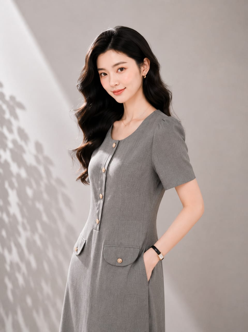 25973 Audrey Button Detail Midi Dress