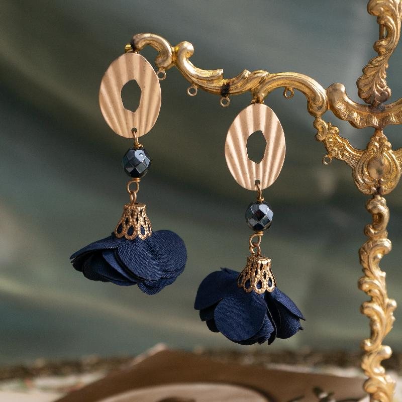 Modern Handmade in Italy Timeless Floral Blossom Fabric Flower Long Stud Earrings - Midnight Bliue