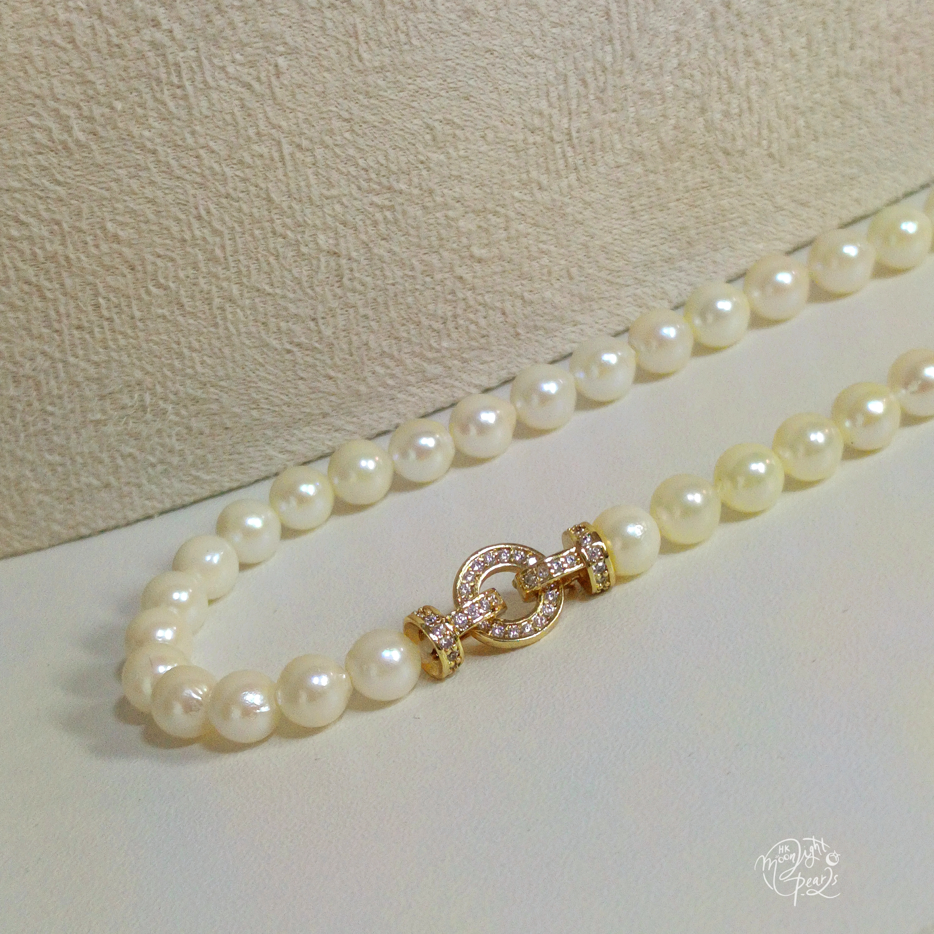 正圓強光日本akoya天然奶油金色海水珍珠注金圓環雙扣鎖骨鍊