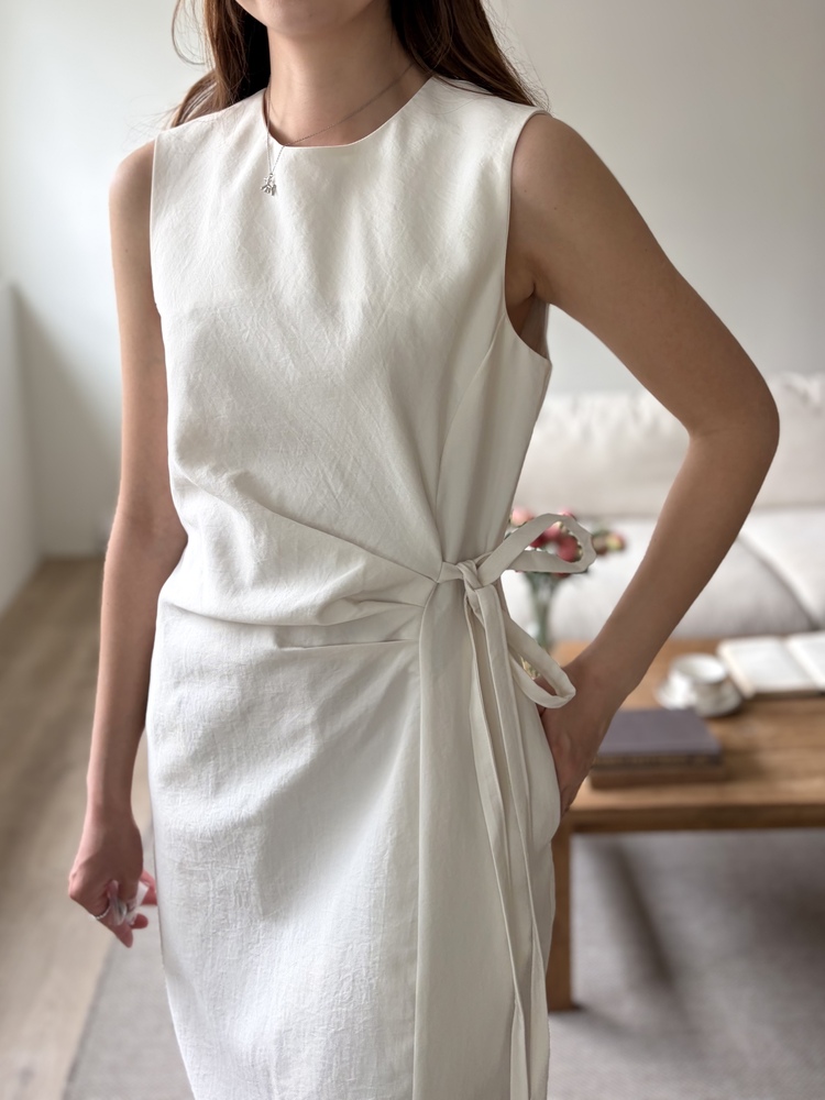 Gathered Waist Tie Dress (Ivory)