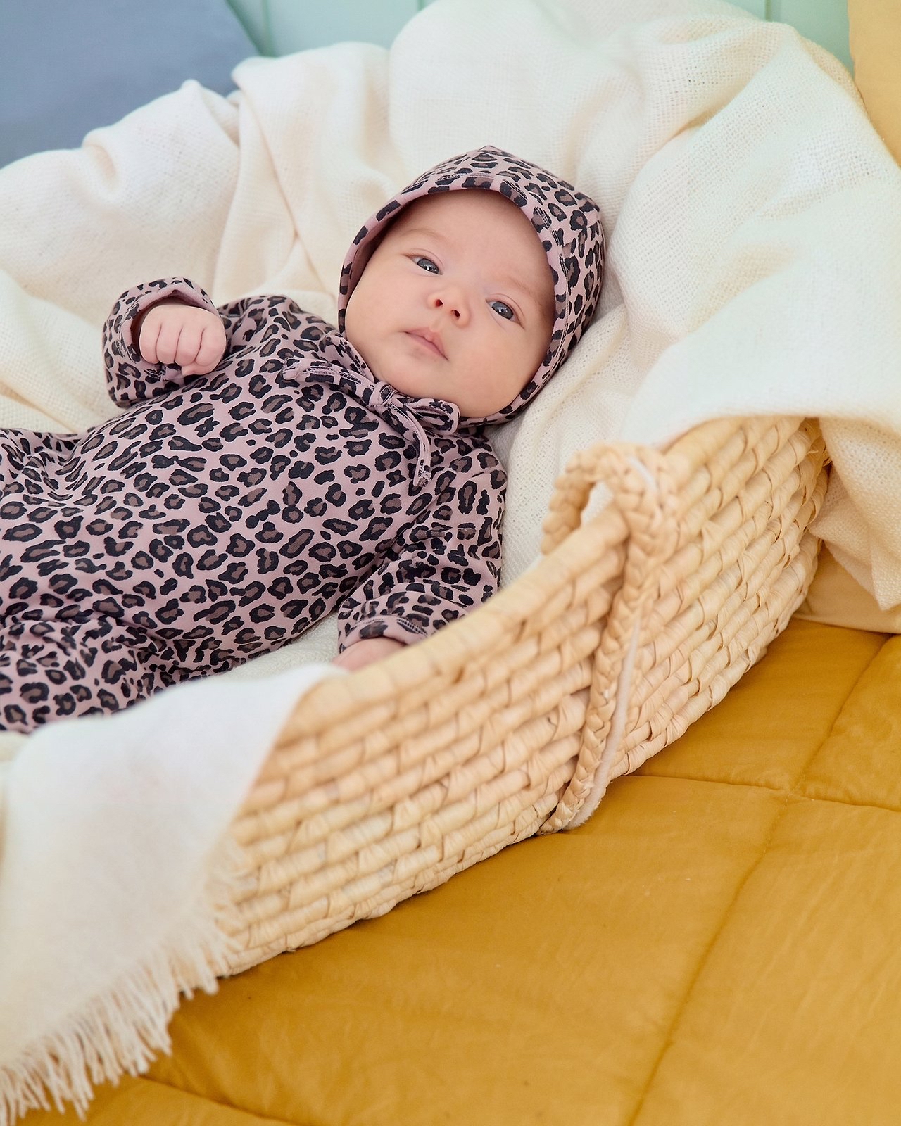 OOTT |  (bebe) Little Leopard Print Full-Body Suit + Bonnet Set