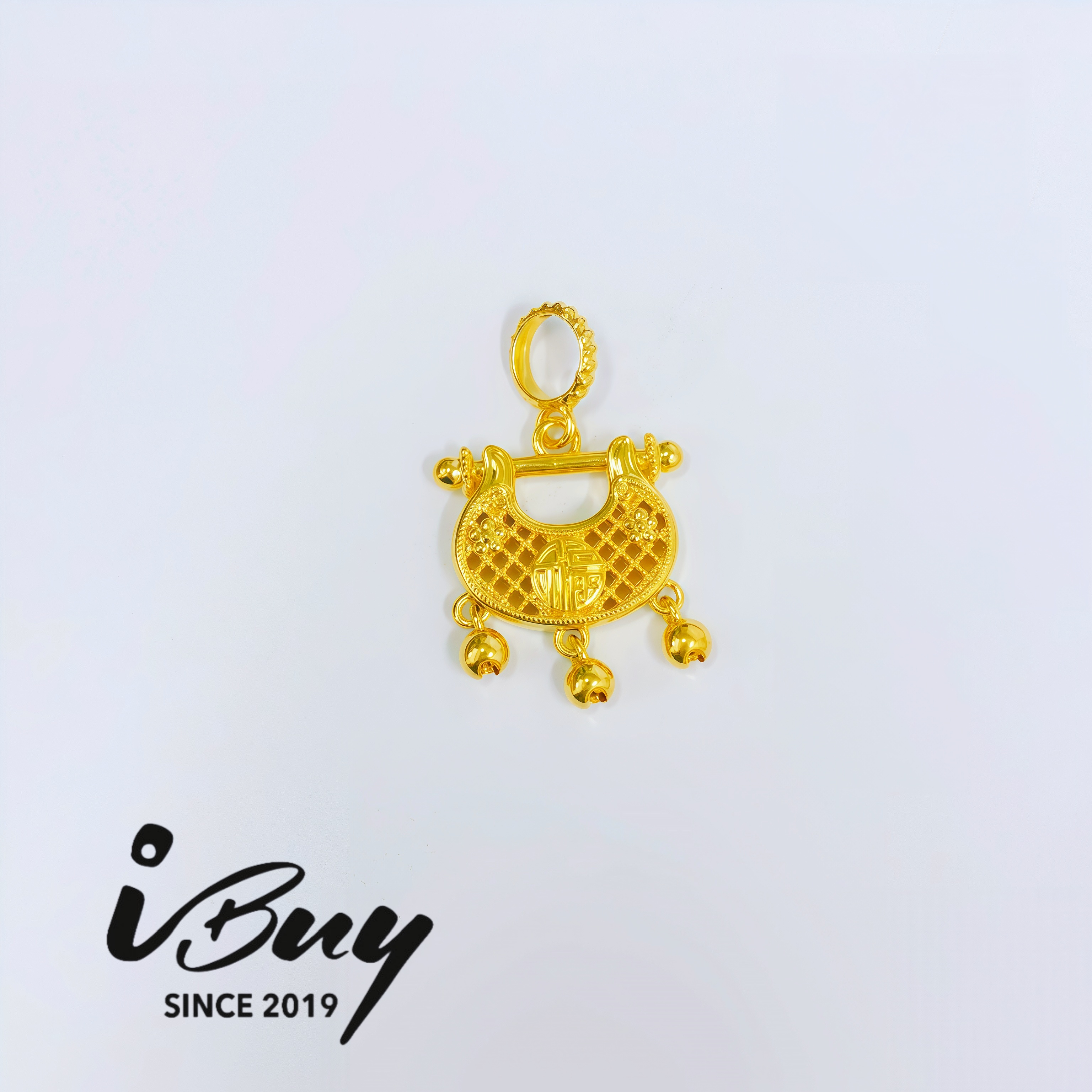 916 HARD GOLD FORTUNE YUANBAO LOCK CHARM 916 硬金 福字花花元宝锁