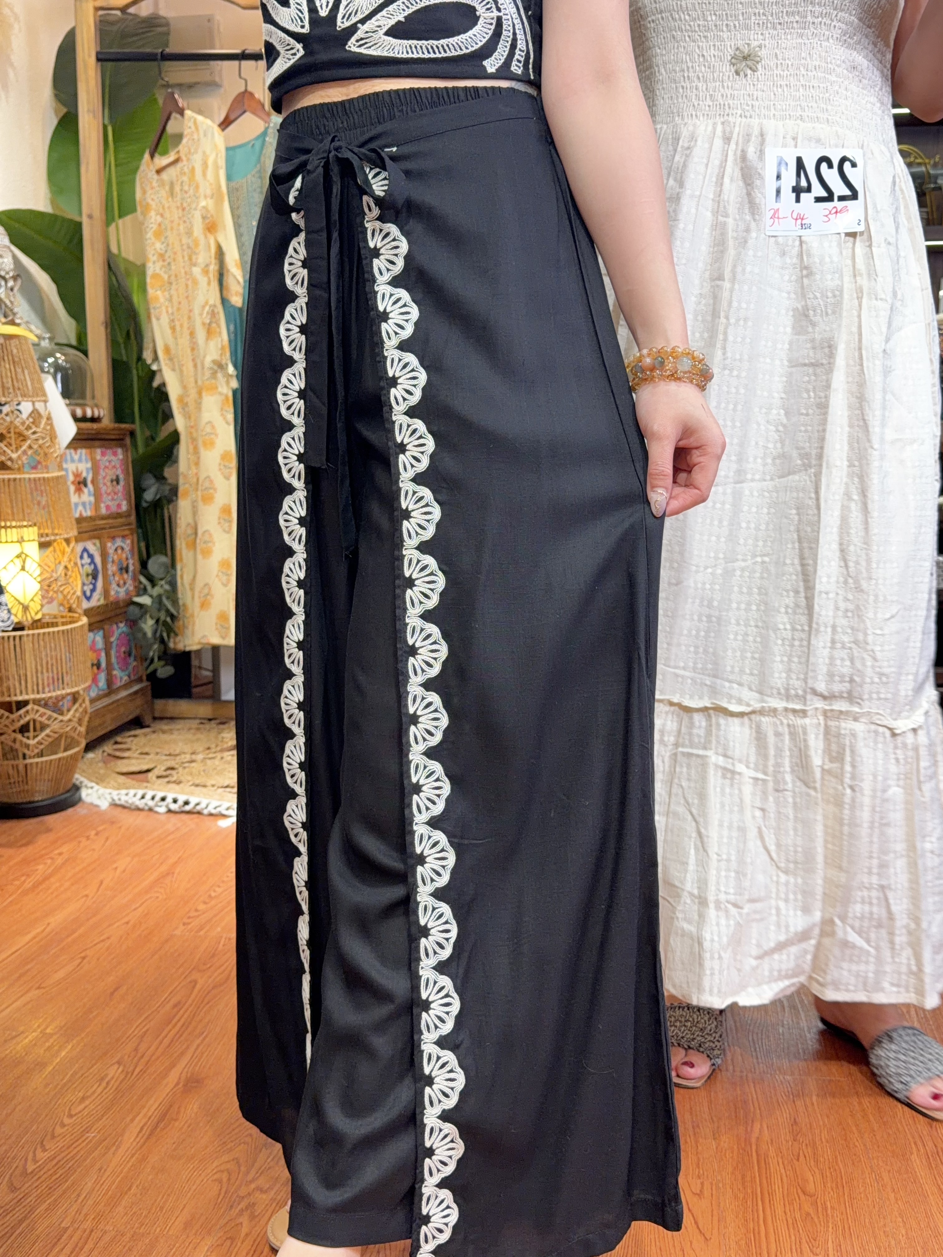 2235 Black with White Emb. Pants