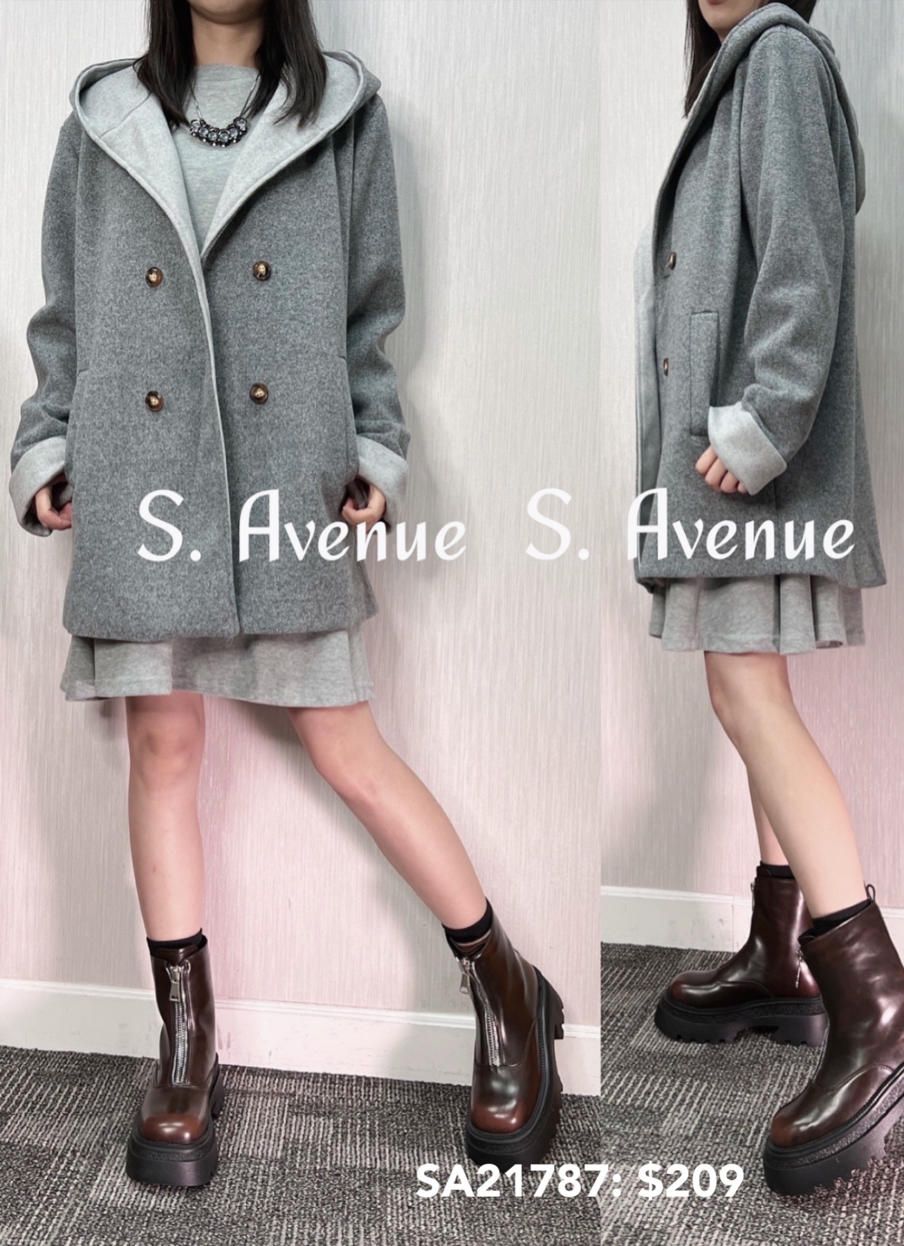 SA21787: 長袖撞色帽雙排鈕絨料褸