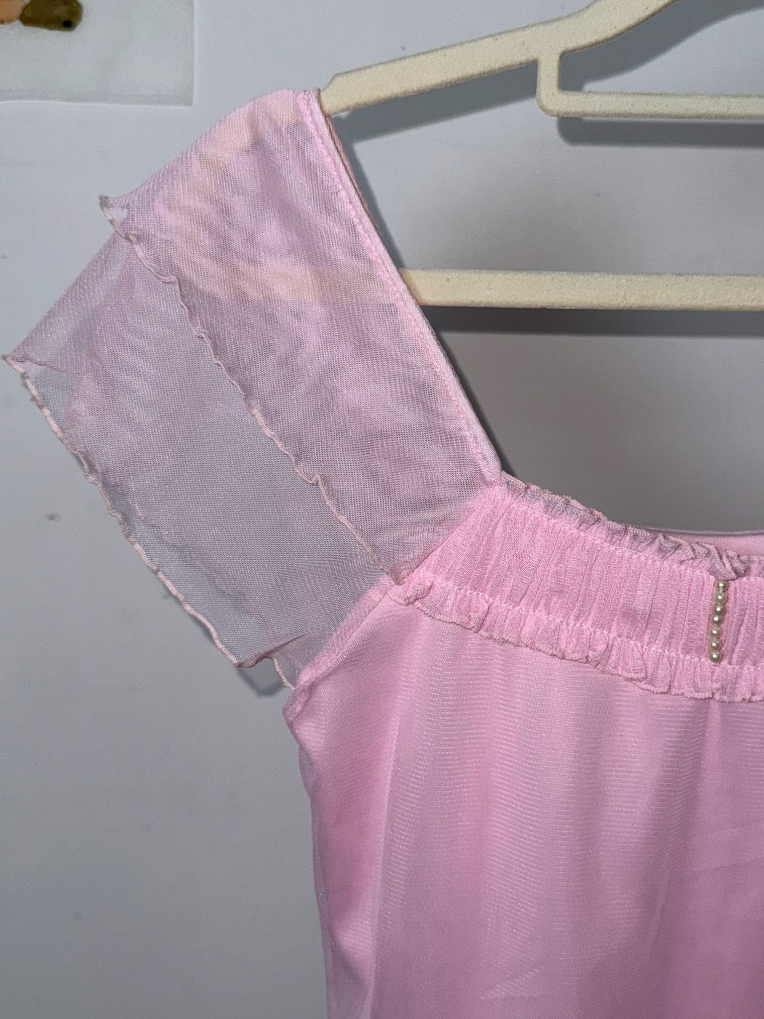 Balletcore Pastel Pink Frill Blouse with Pearls