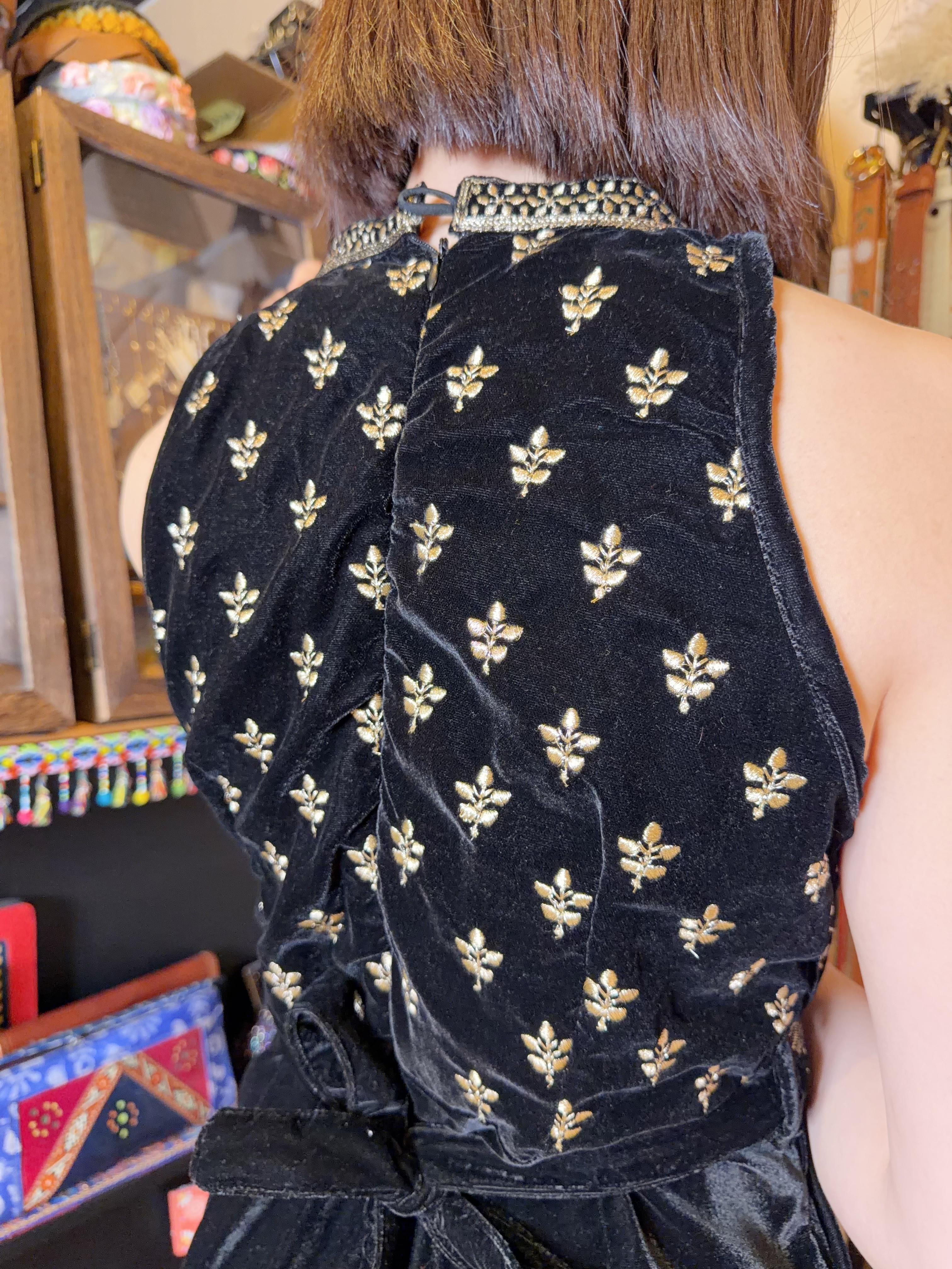 Black Velvet Gold Print Jumpsuit 52" #1091