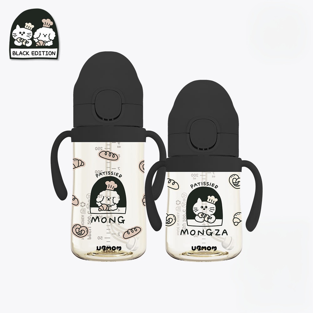 UBMOM PPSU特別版吸管杯 (黑色烘焙-法棍包萌莎貓200ml) -標配彈蓋帶重力球及直飲管