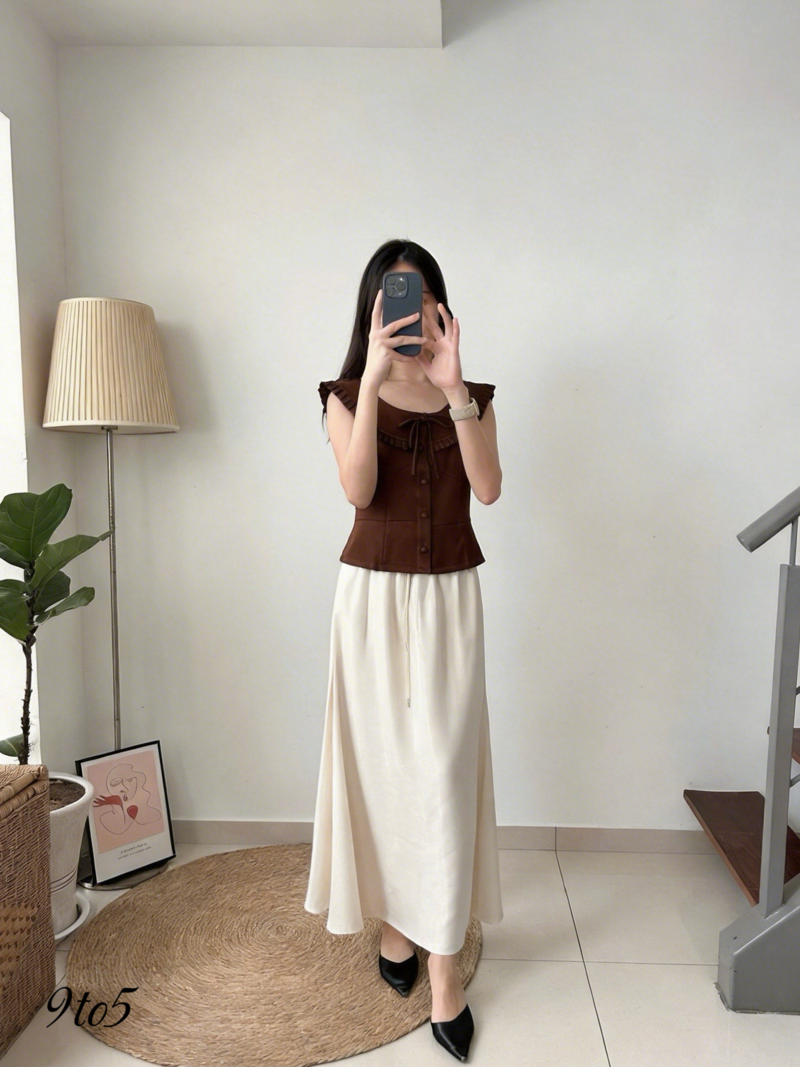 T4039 Bow-tie Ruffle Top - Brown & Cream