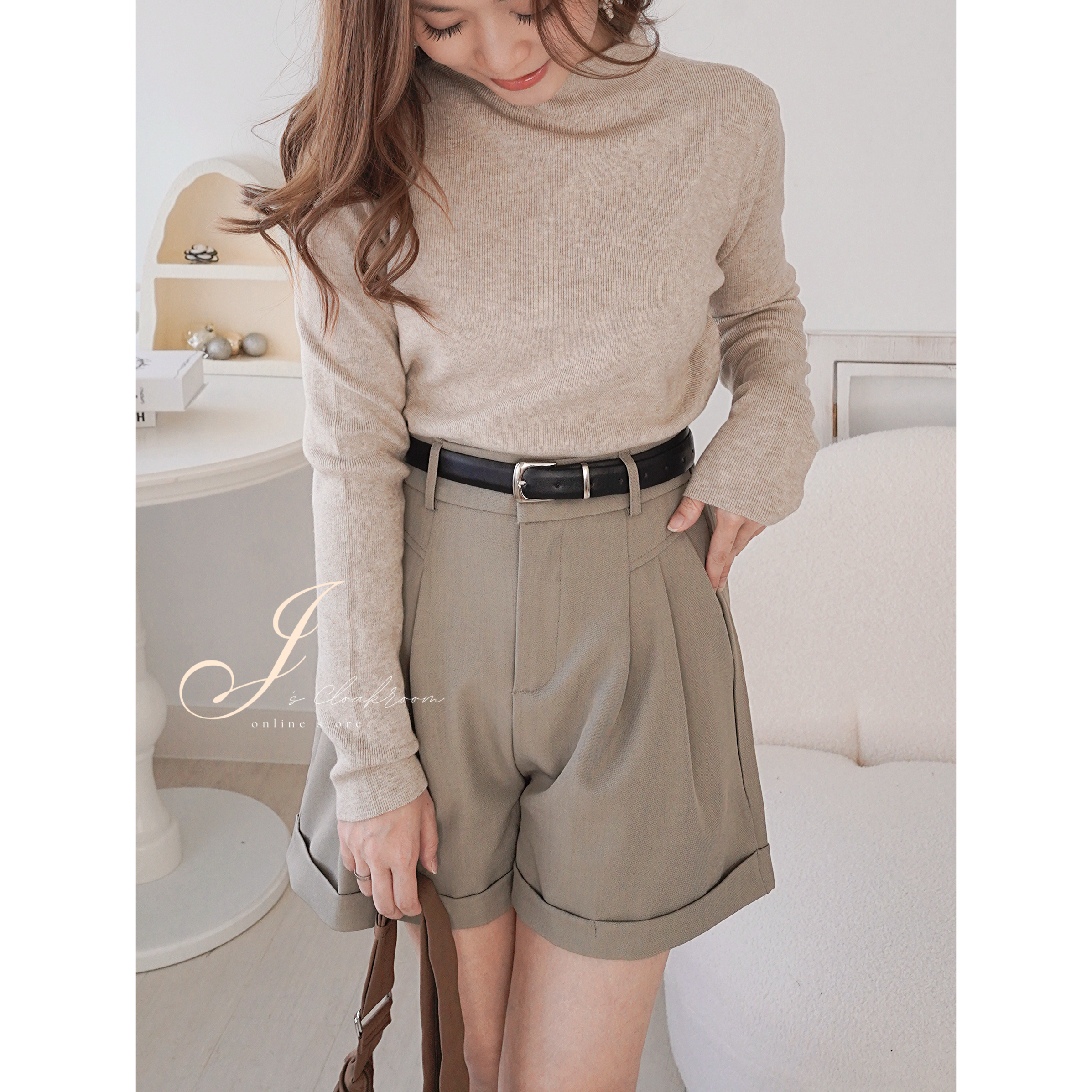 彈性腰圍捲邊短褲(KR)灰塵綠色(S-M)314424