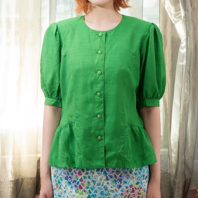 Vintage Japanese Green Vertical Stripe Pattern Mid-Sleeve Peplum Button-Up Top（MT2068)