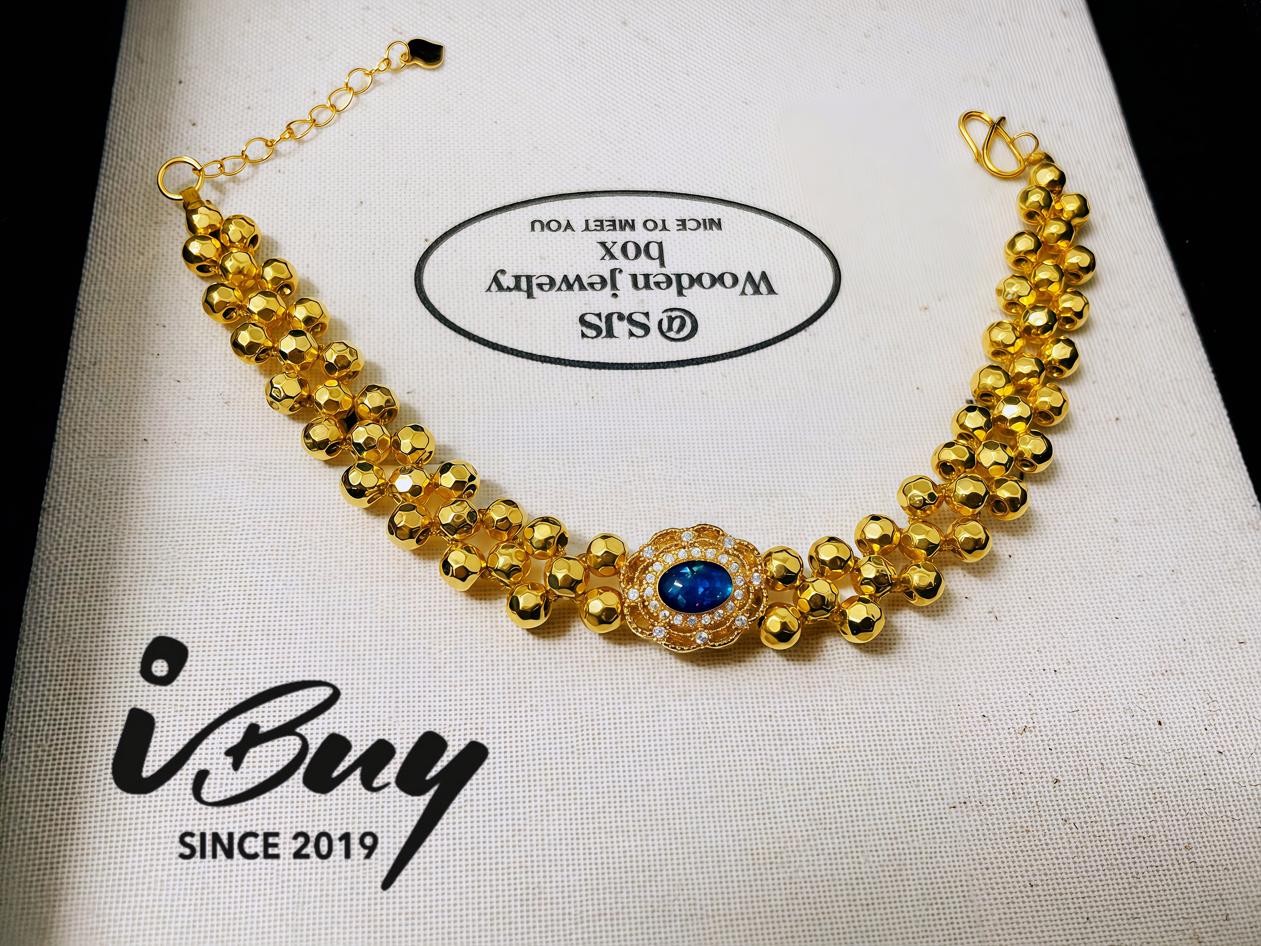 999 GOLD DOUBLE ROW BEADED BRACELET WITH SAPPHIRE 999 金 镶嵌蹦迪珠手串