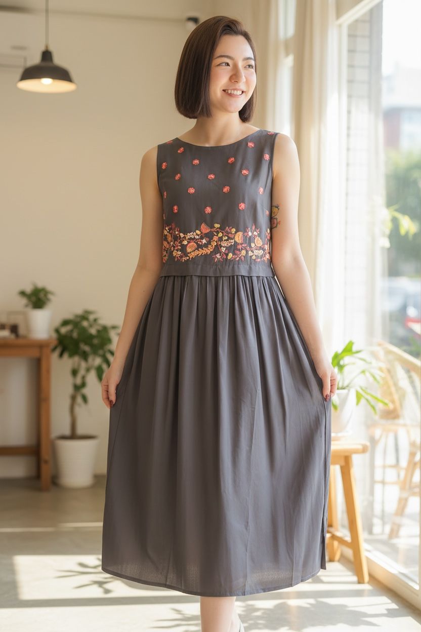 Ash Grey Simple Floral Emb. Sleeveless OP 44" #1022