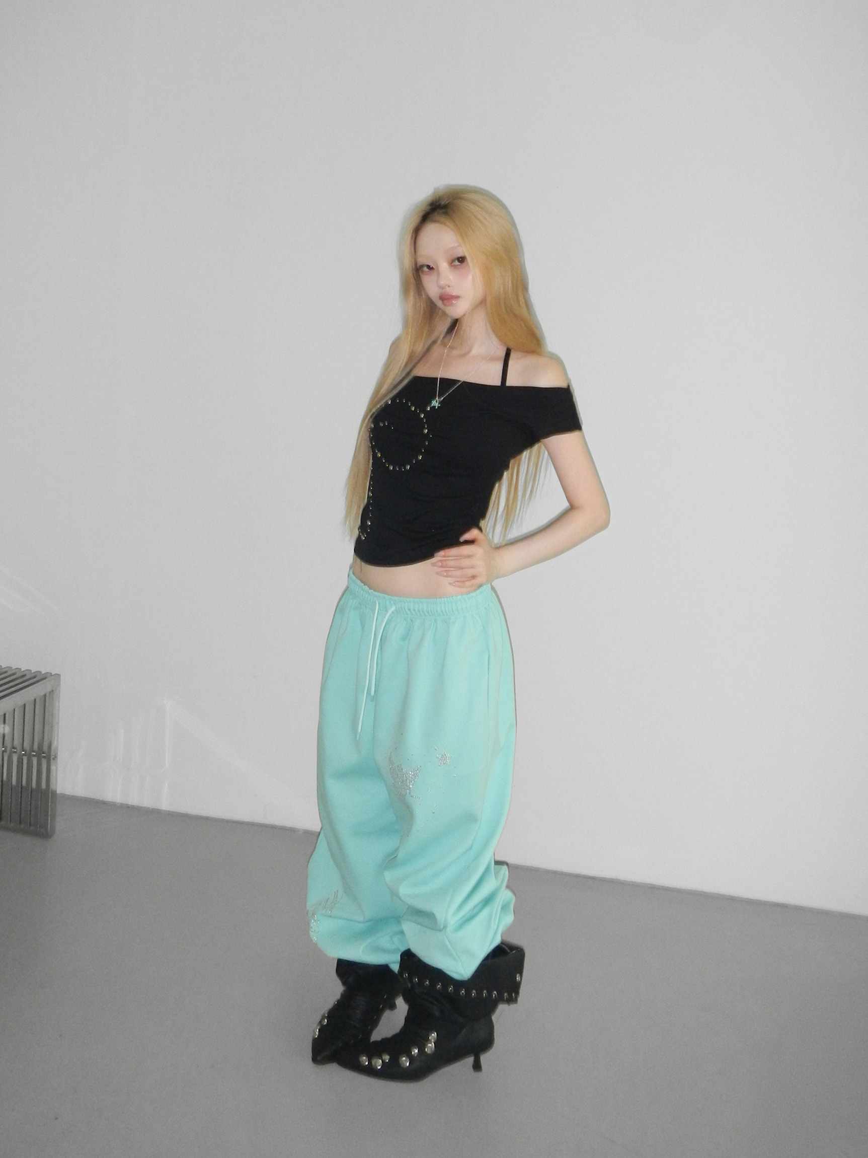 Studded Off-Shoulder Short Sleeve Top