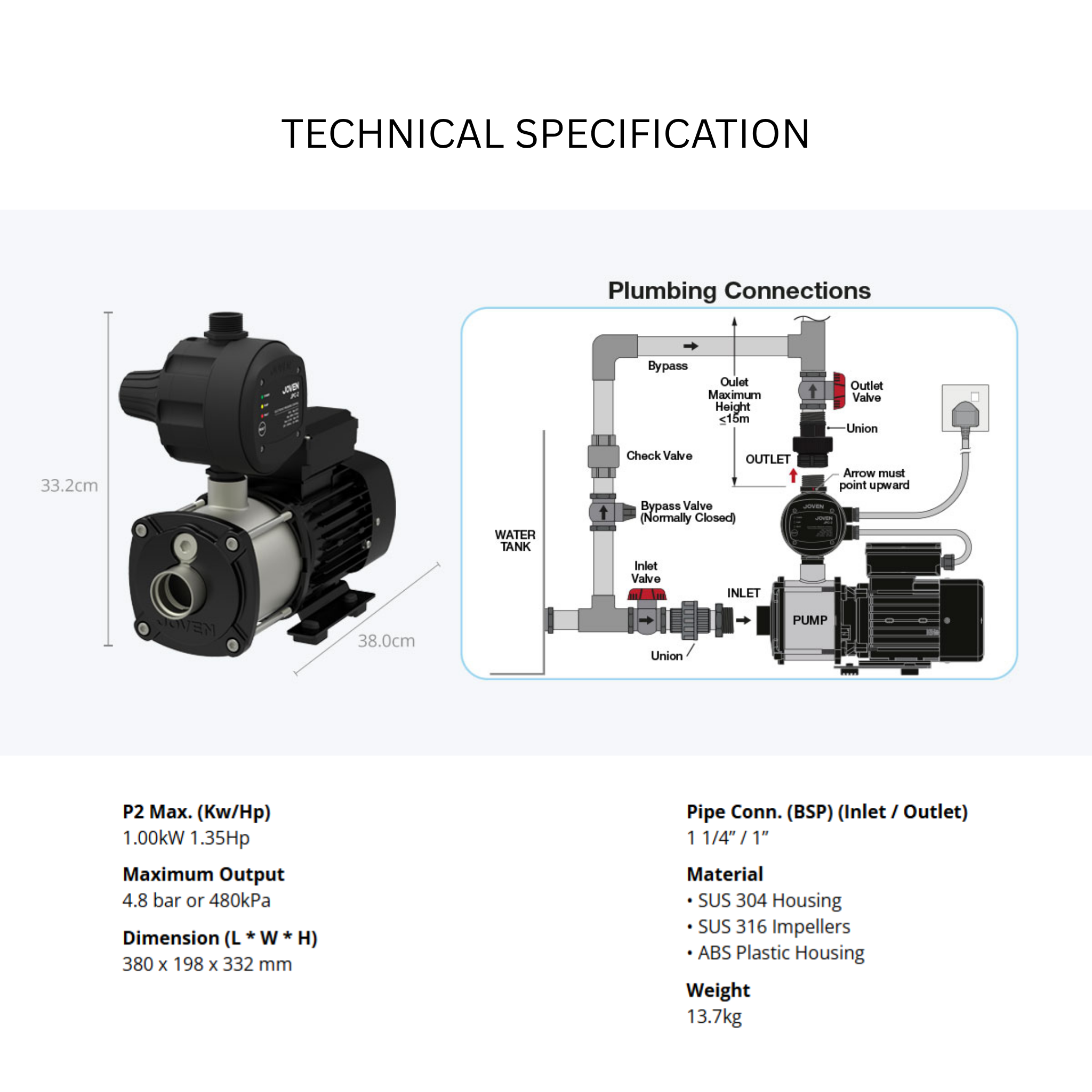 Joven Water Pump 1.35Hp Stainless Steel Automatic Water Pump (JHP 4-50)