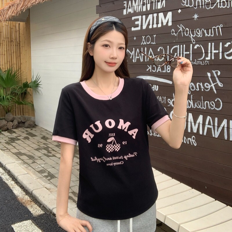 B122(36838) 韩系减龄撞色领边与AMOUR樱桃印花卷边袖4色上衣 