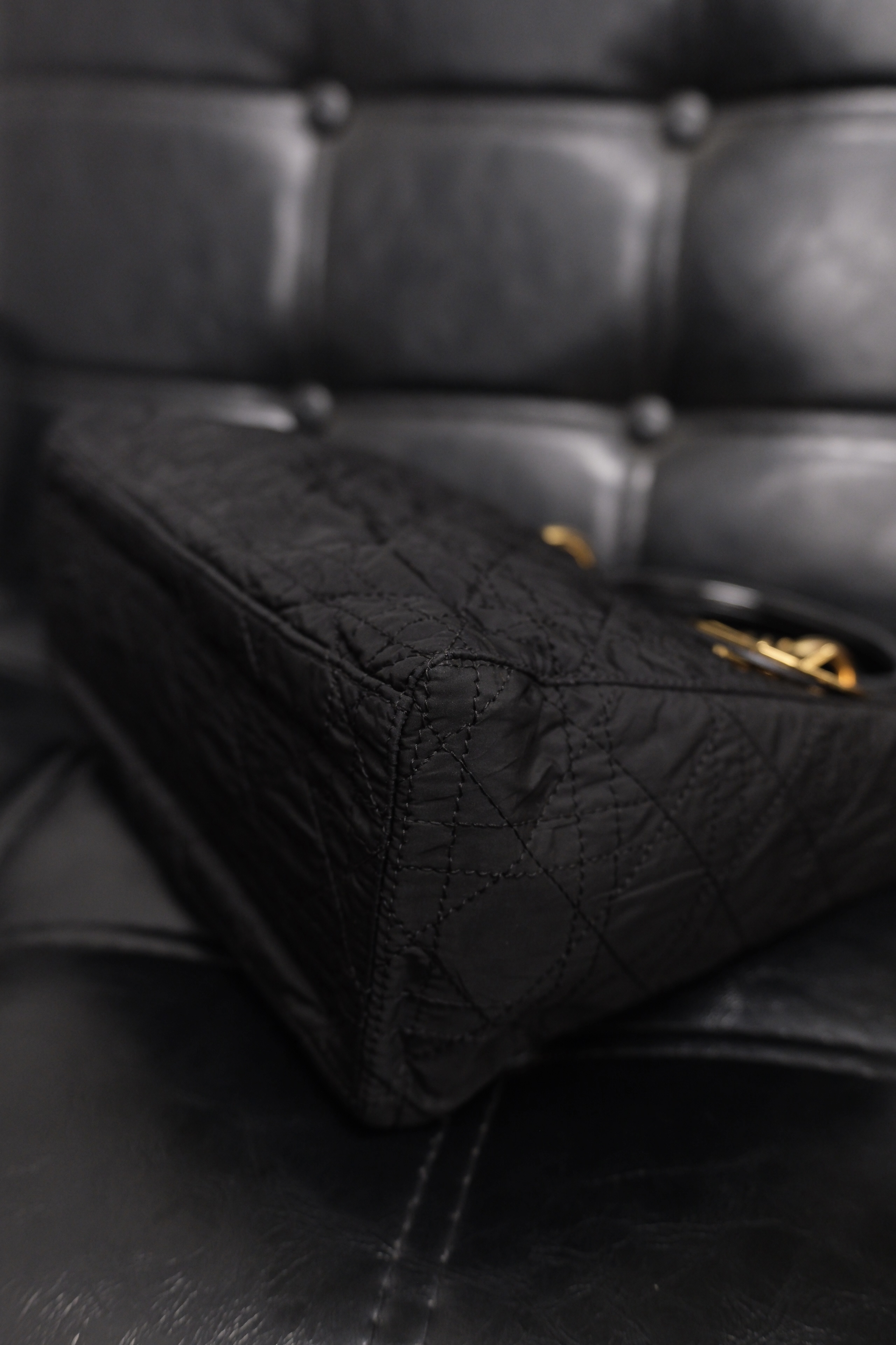 Dior Lady Dior Cannage Nylon Hand Bag Black Gold