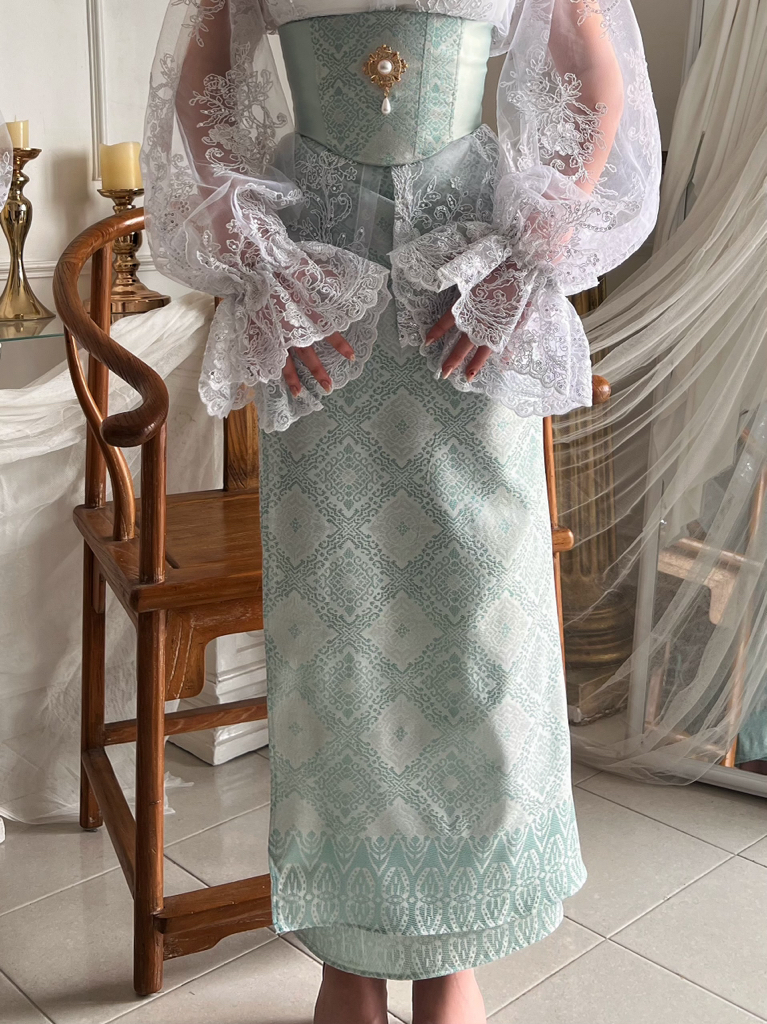 Songket Underbust Corset and Pareo Skirt in Mint Green with Angel Blouse in True White