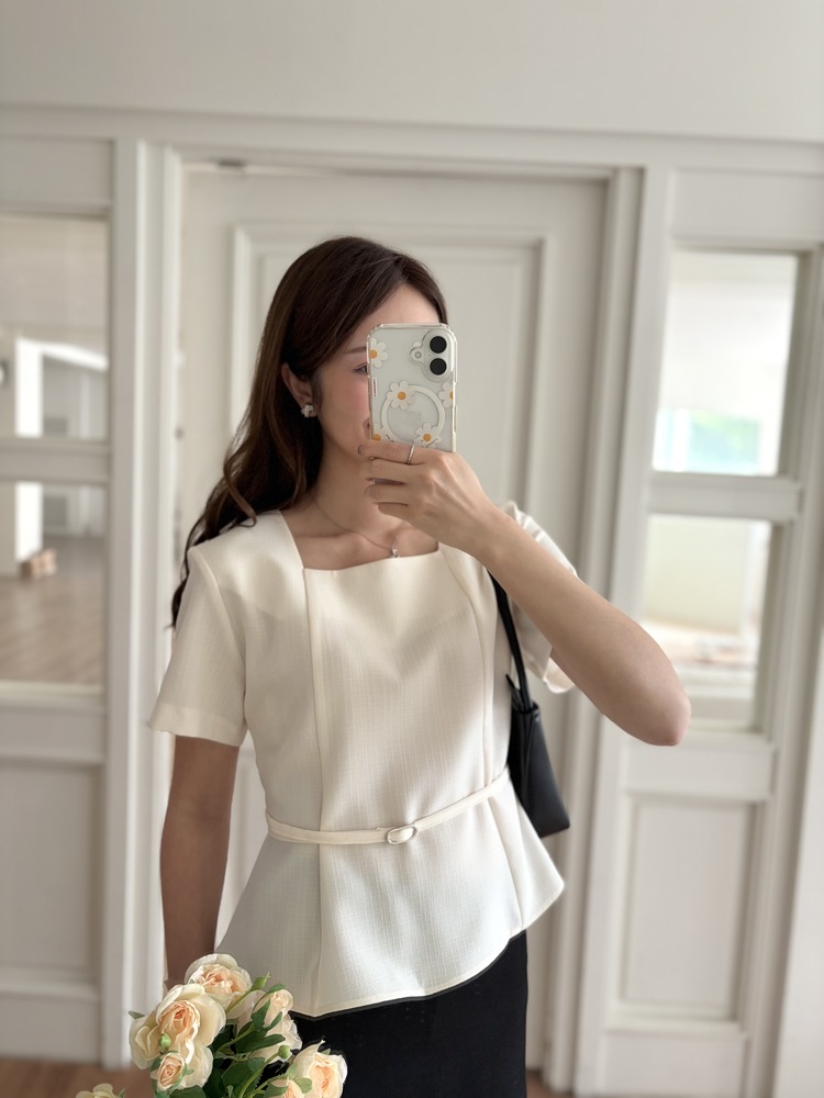 Square Neck Belted Blouse (Ivory)
