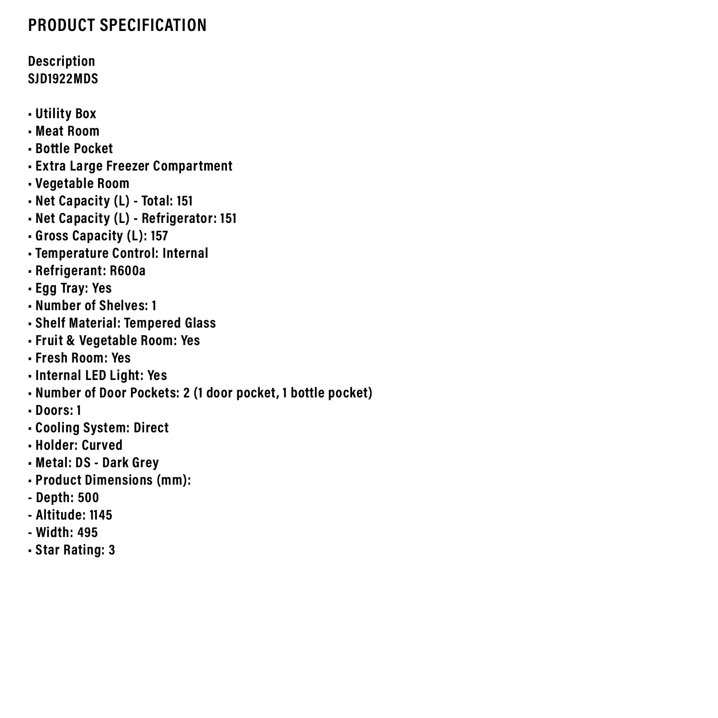 Sharp 160L 1-Door Refrigerator (SJD1922MDS)