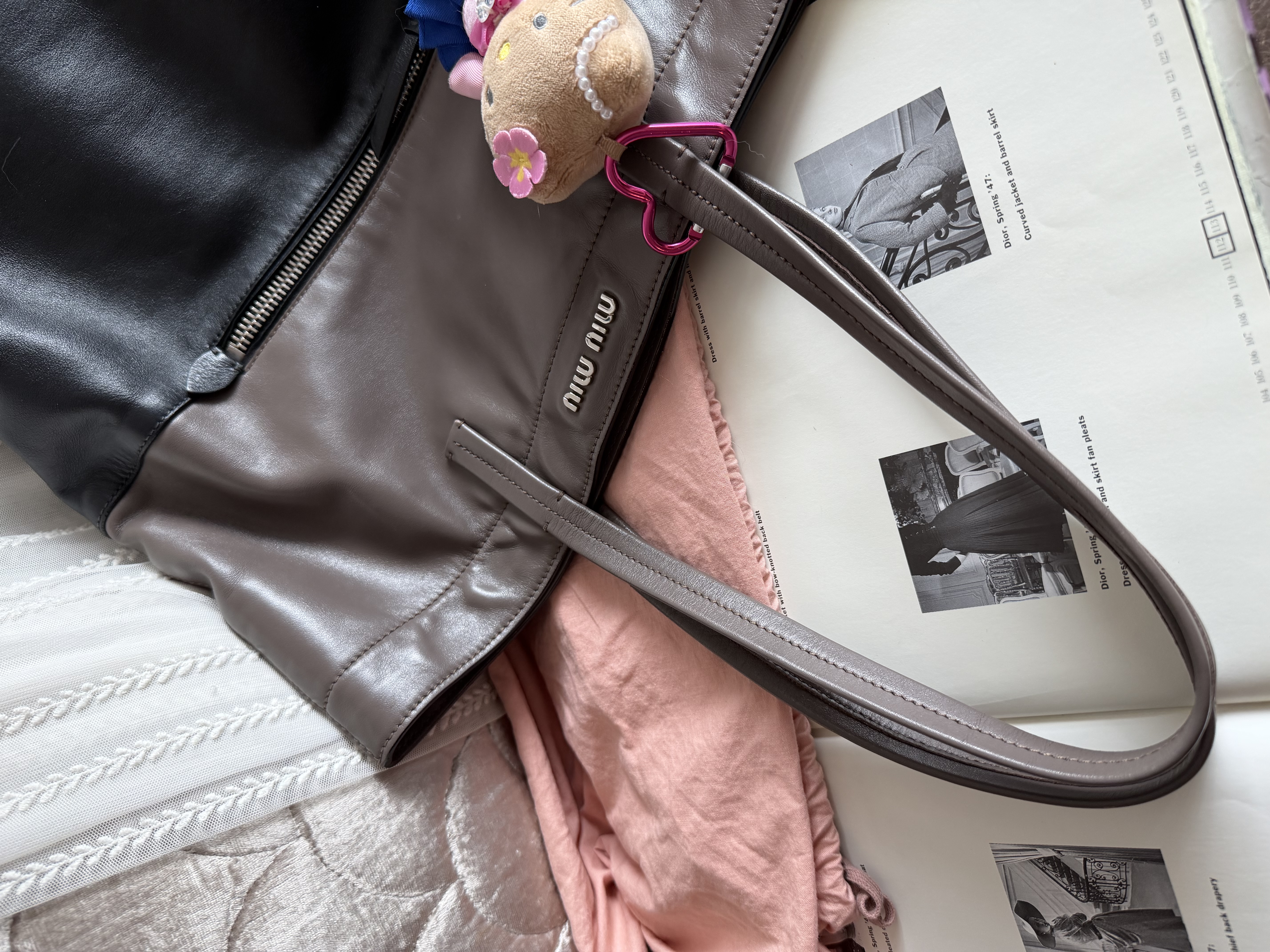 Miu miu ivy black grey leather tote bag