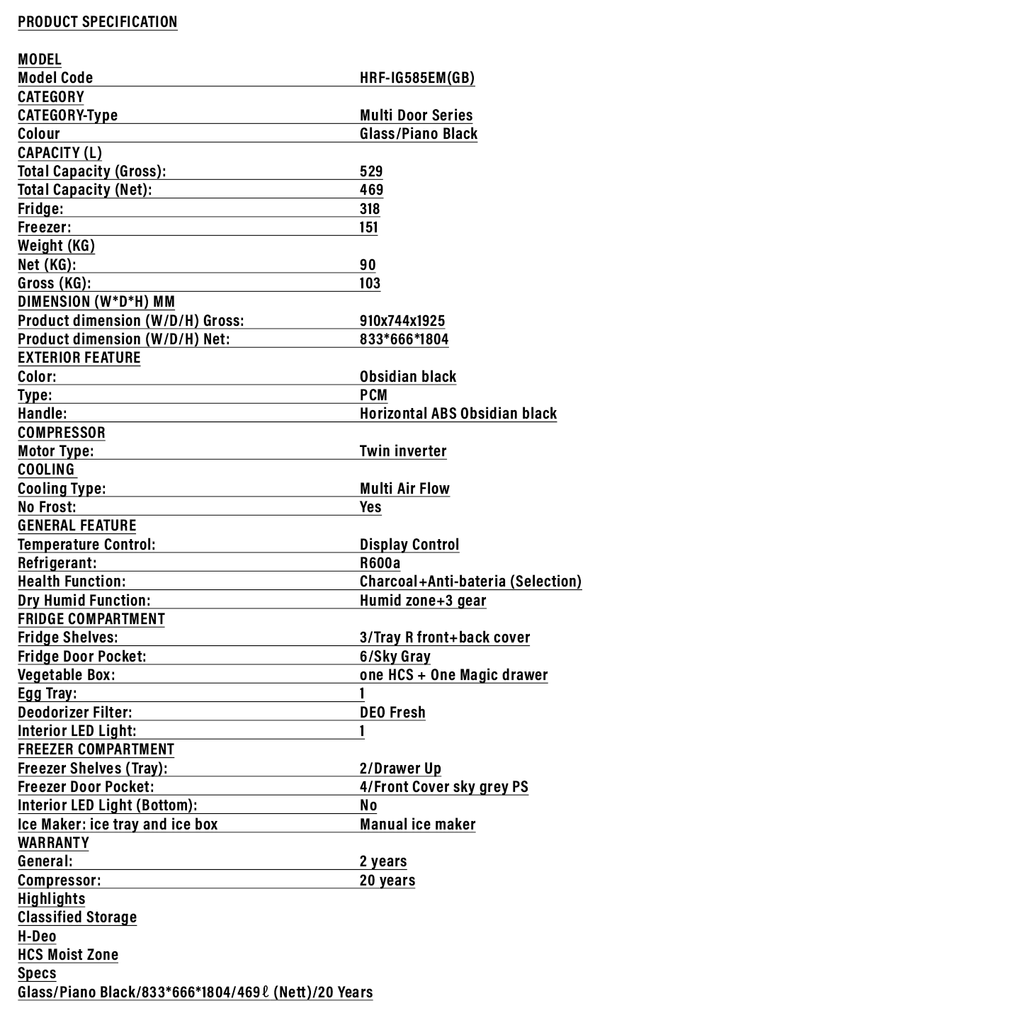 Haier 585L Multi-Door Inverter Glass Fridge Black (HRF-IG585EM)