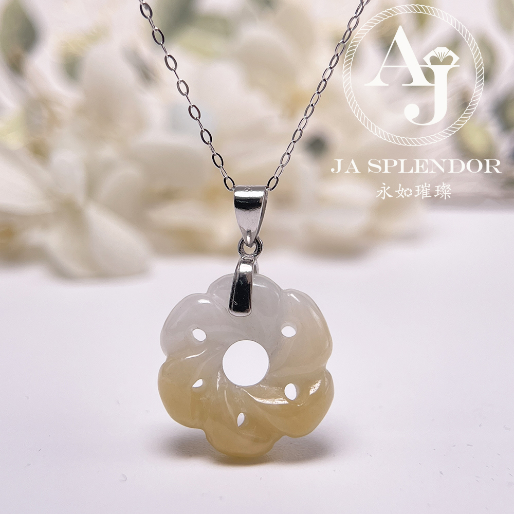 JN-2735 天然翡翠A玉-糖環花開富貴立體雕花吊墜（送銀鏈）