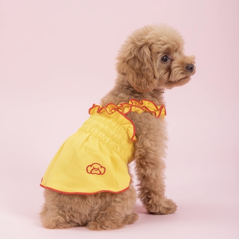 S491Y 縮褶吊帶裙-黃色  Retro Dress - Yellow