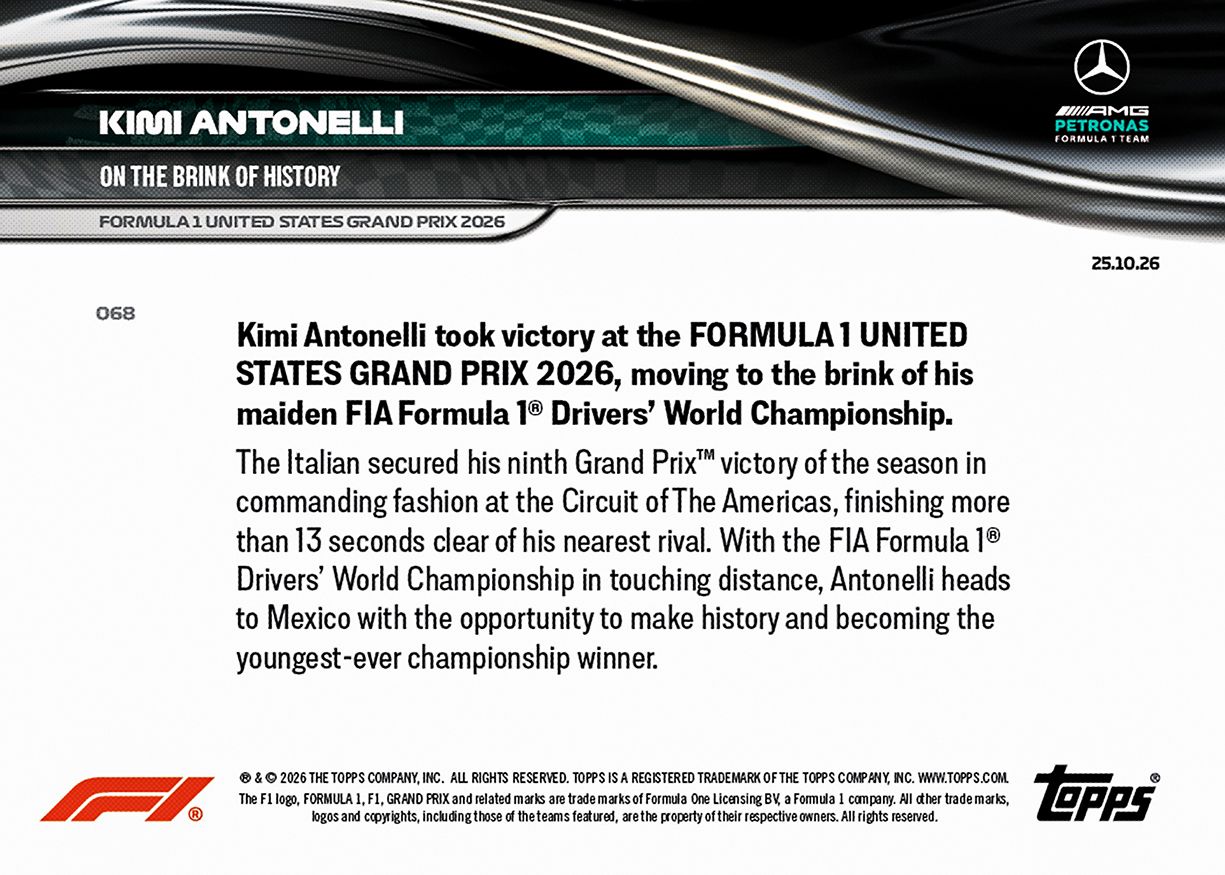 Kimi Antonelli - 2026 F1 Topps NOW® #68 United States GP 贏車卡【團購】